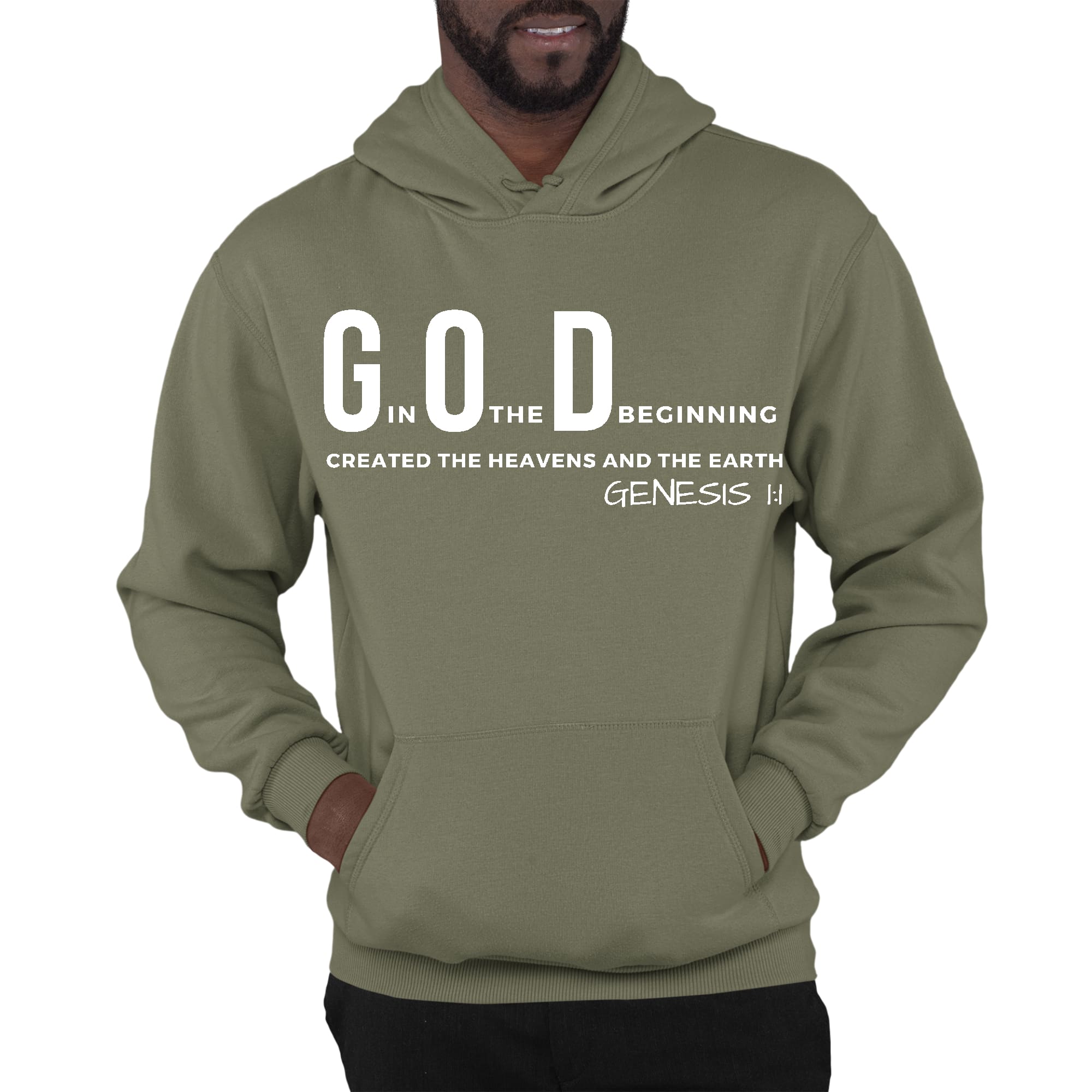 Men's Graphic Hoodie with 'God in the Beginning' print, showcasing a comfortable fit and stylish design.