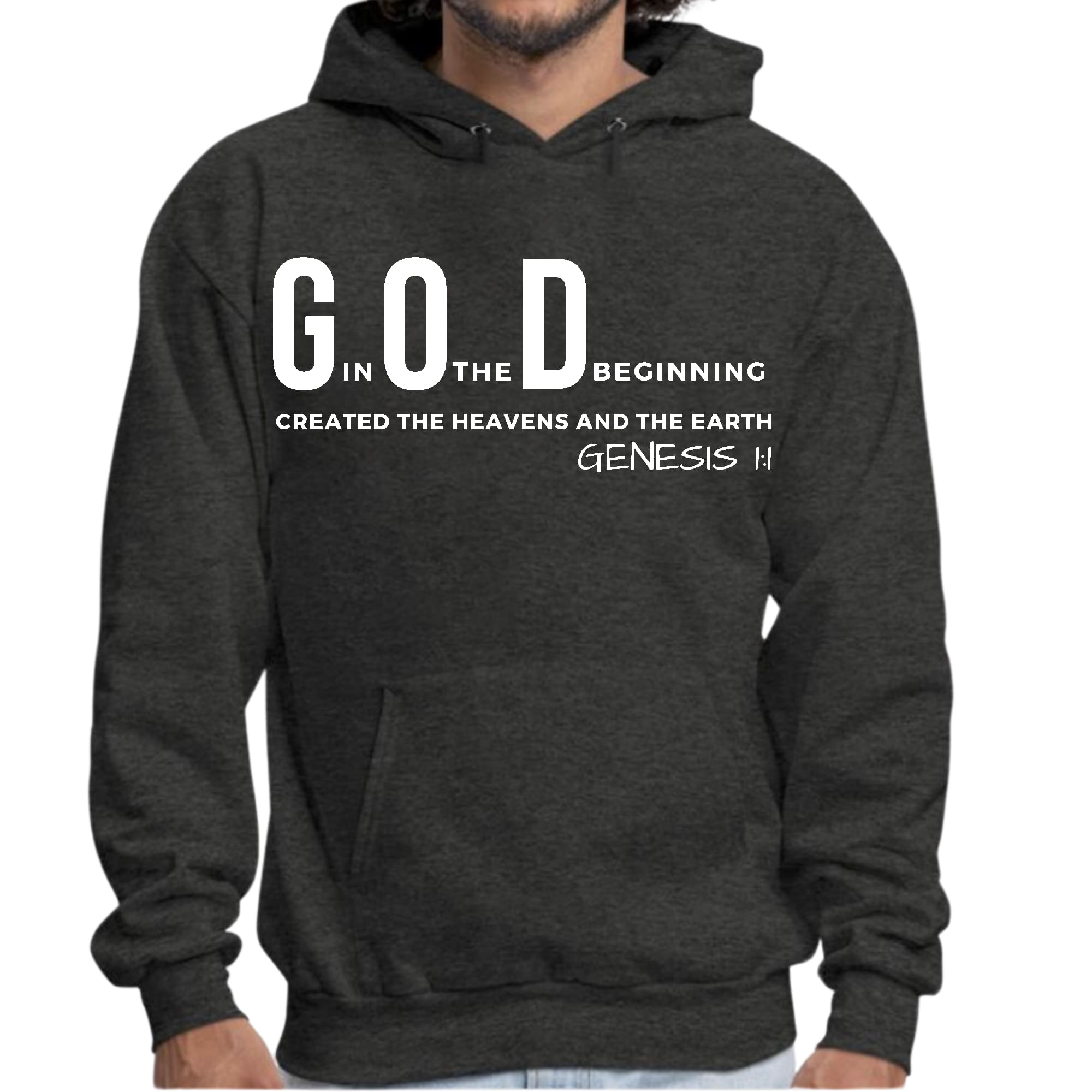 Men's Graphic Hoodie with 'God in the Beginning' print, showcasing a comfortable fit and stylish design.