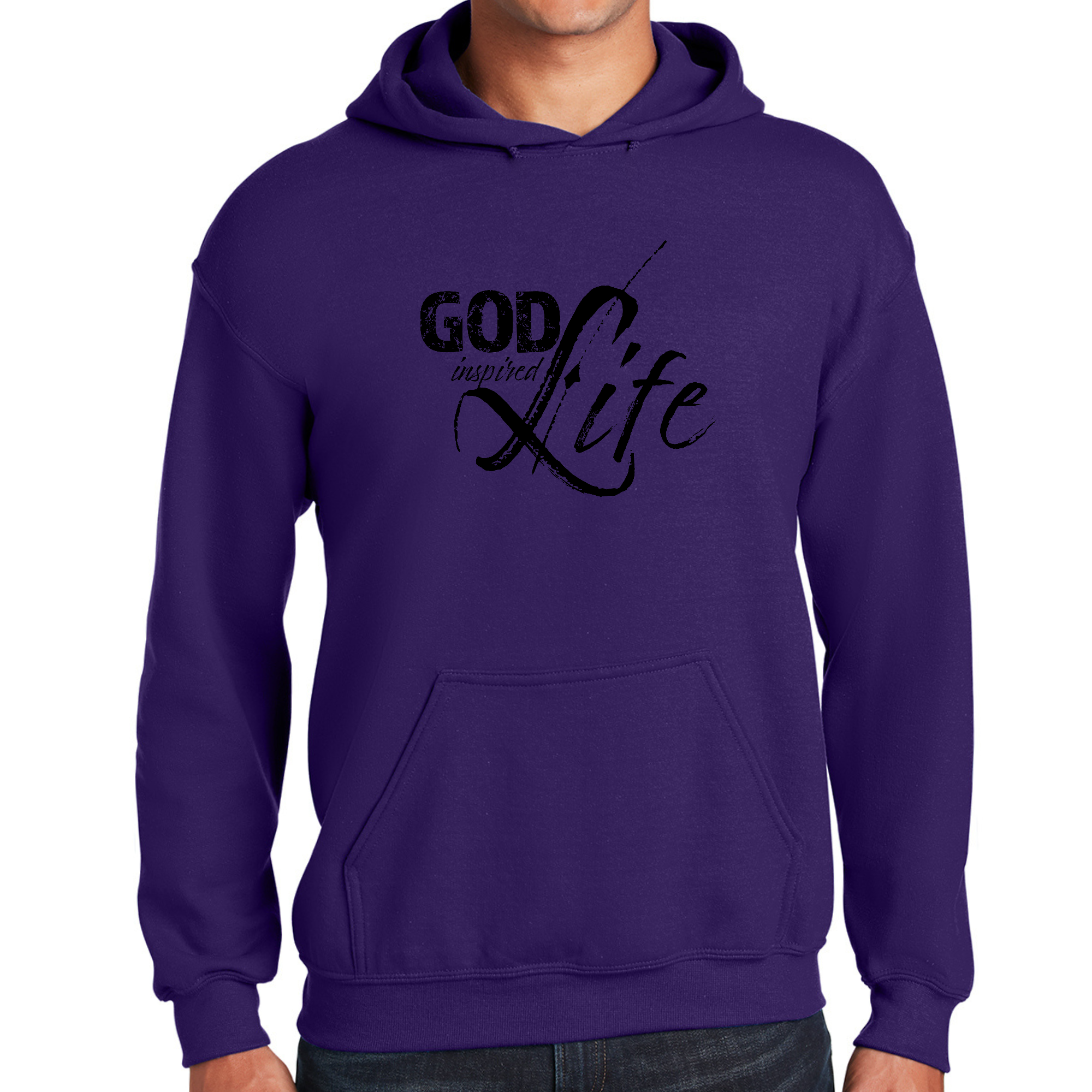 Men's Graphic Hoodie in black featuring God Inspired Life illustration and inspirational quote, showcasing a comfortable and stylish design.