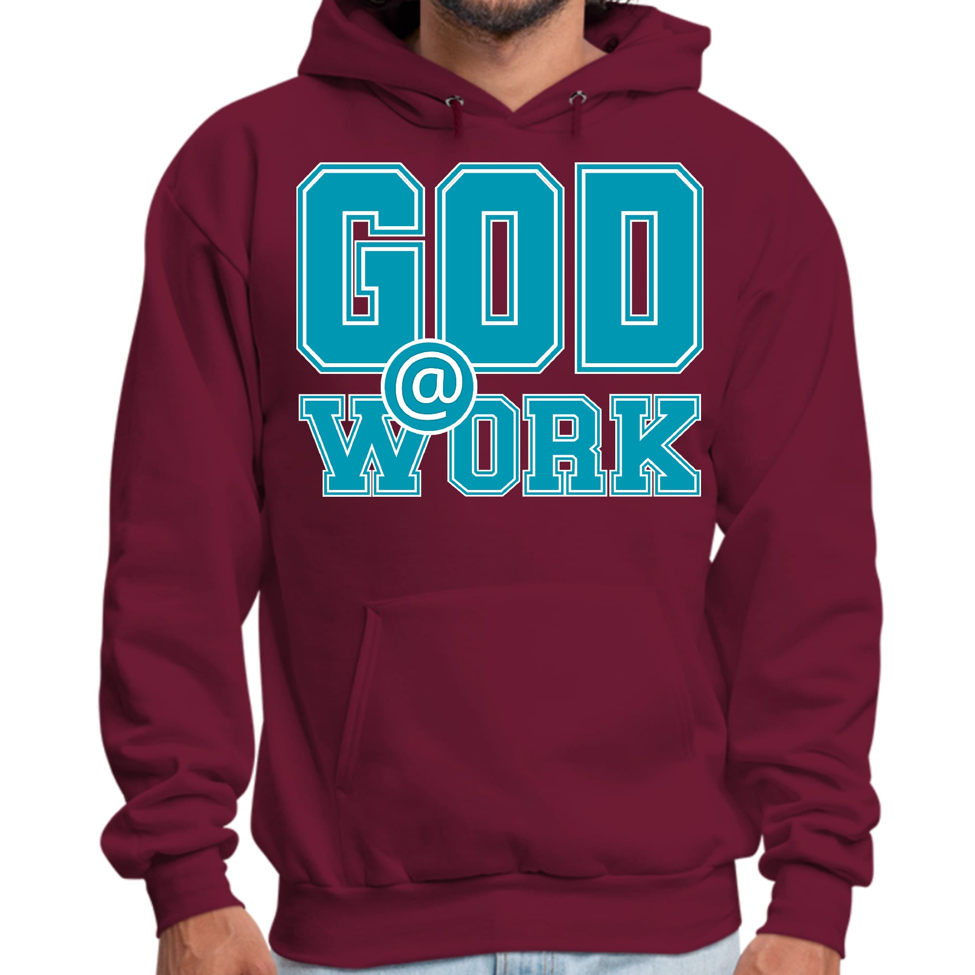 Men's Graphic Hoodie in blue, green, and white with 'God @ Work' print, showcasing a stylish pullover design.