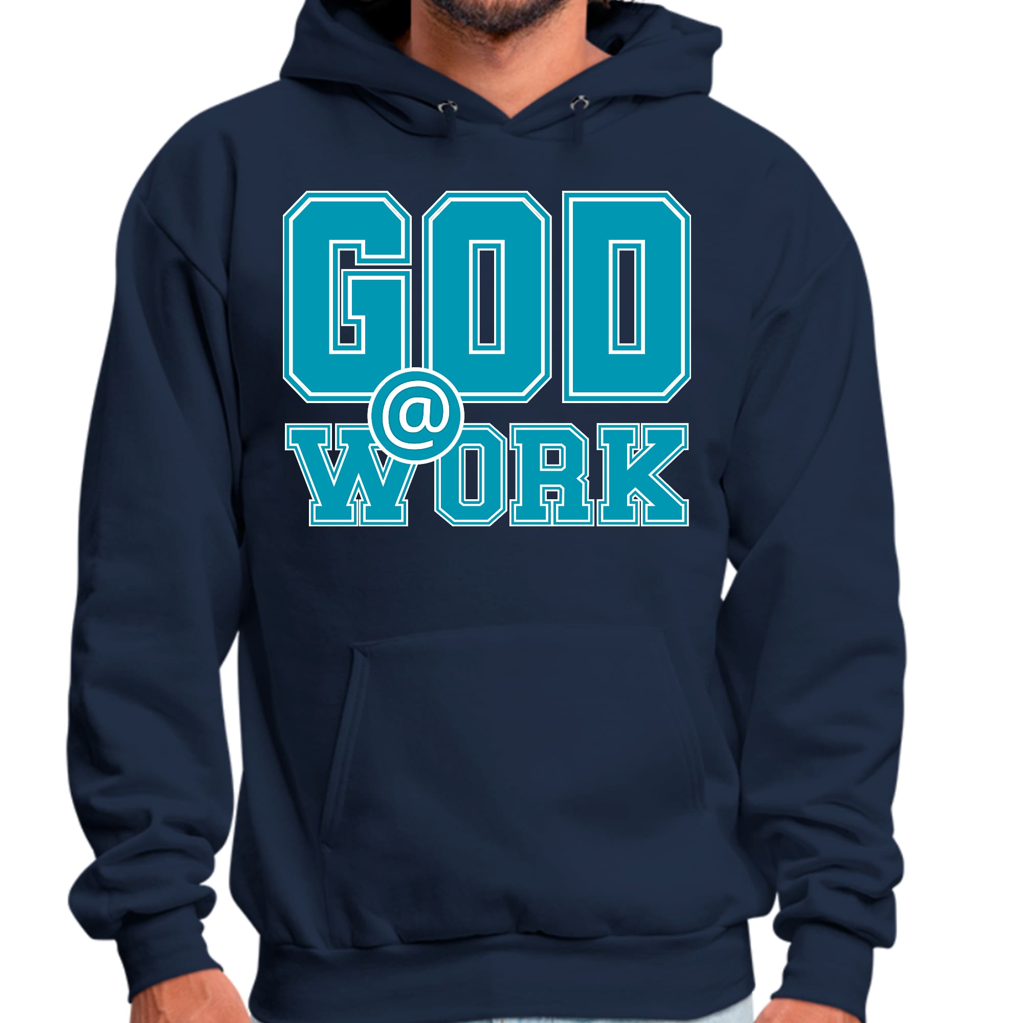 Men's Graphic Hoodie in blue, green, and white with 'God @ Work' print, showcasing a stylish pullover design.