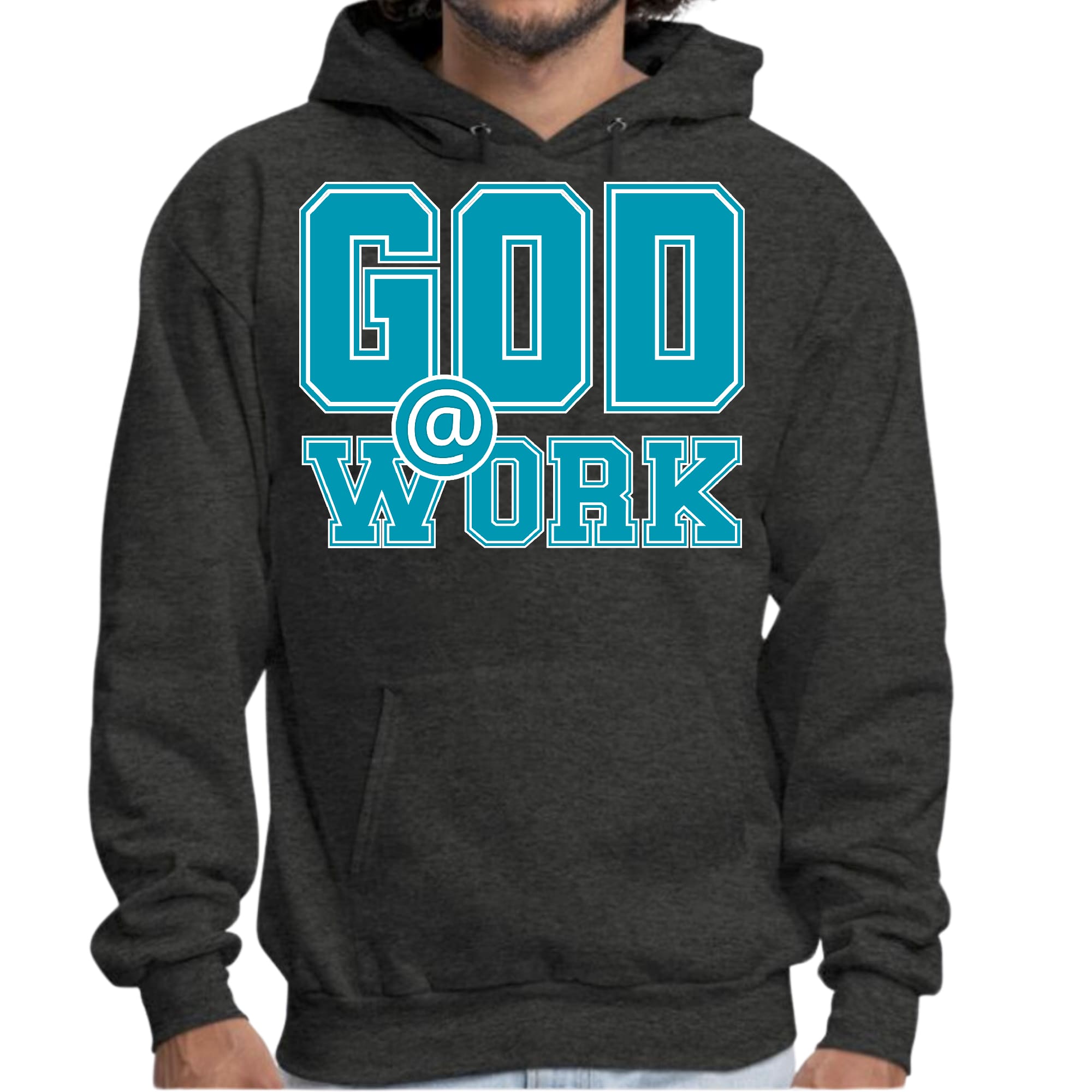 Men's Graphic Hoodie in blue, green, and white with 'God @ Work' print, showcasing a stylish pullover design.