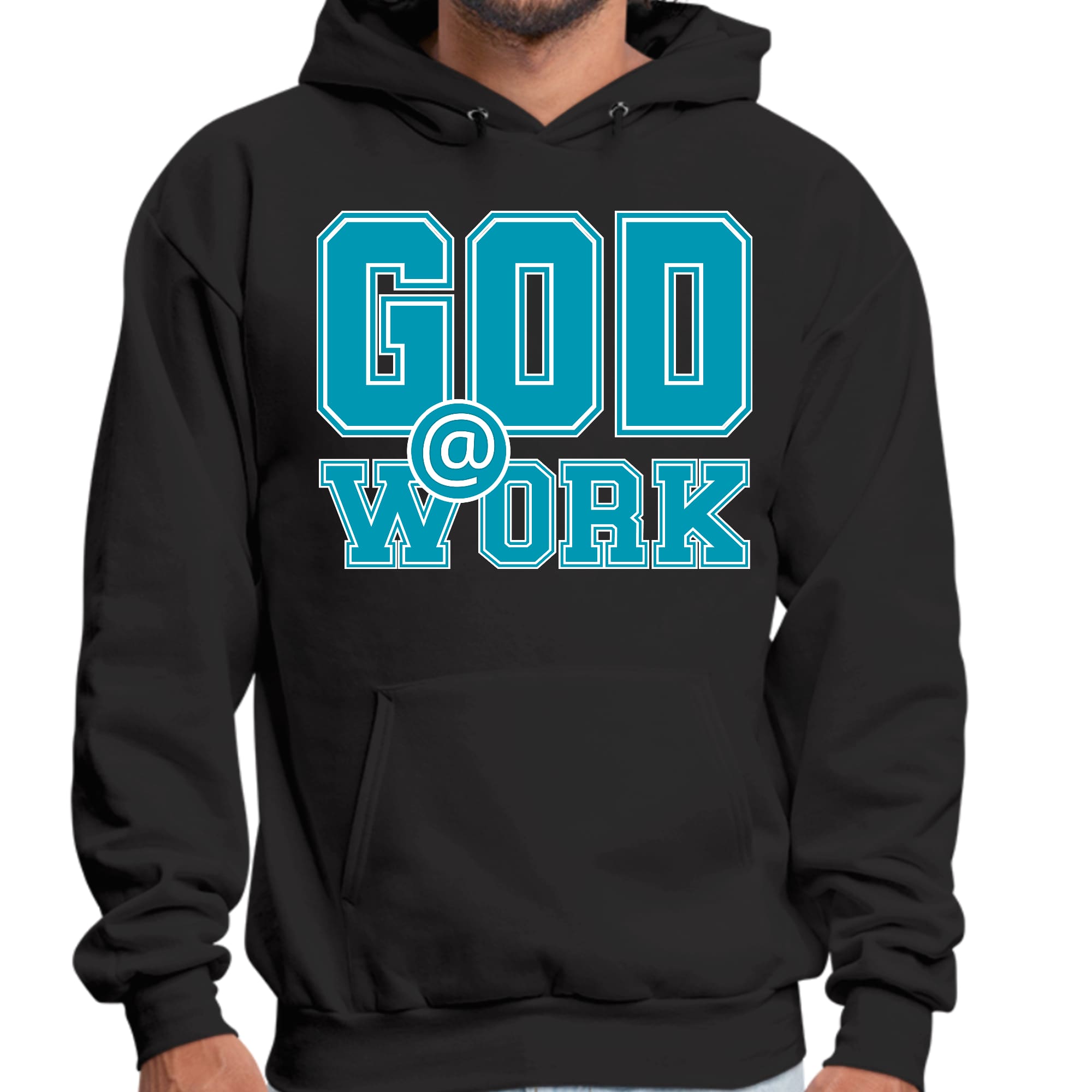 Men's Graphic Hoodie in blue, green, and white with 'God @ Work' print, showcasing a stylish pullover design.