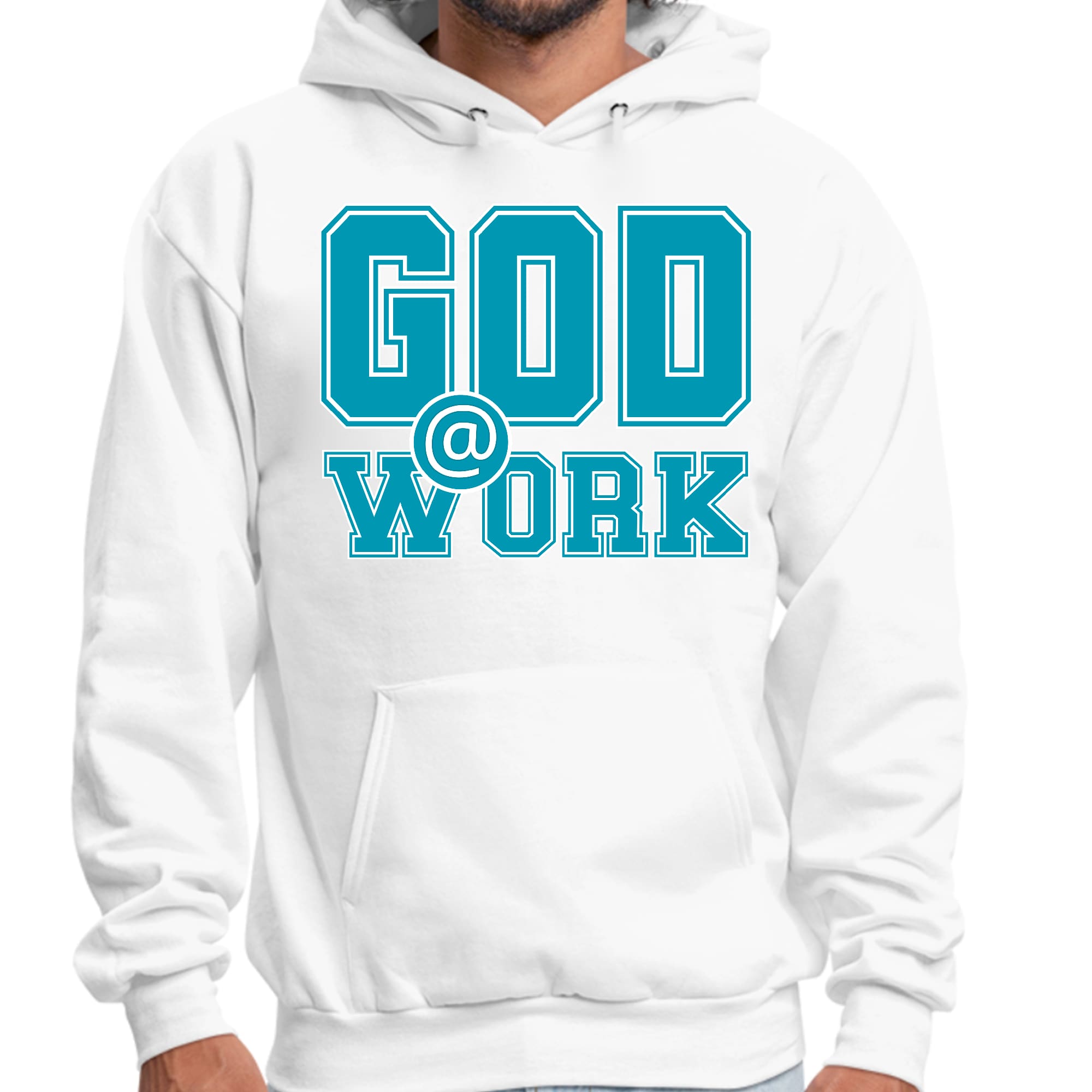 Men's Graphic Hoodie in blue, green, and white with 'God @ Work' print, showcasing a stylish pullover design.