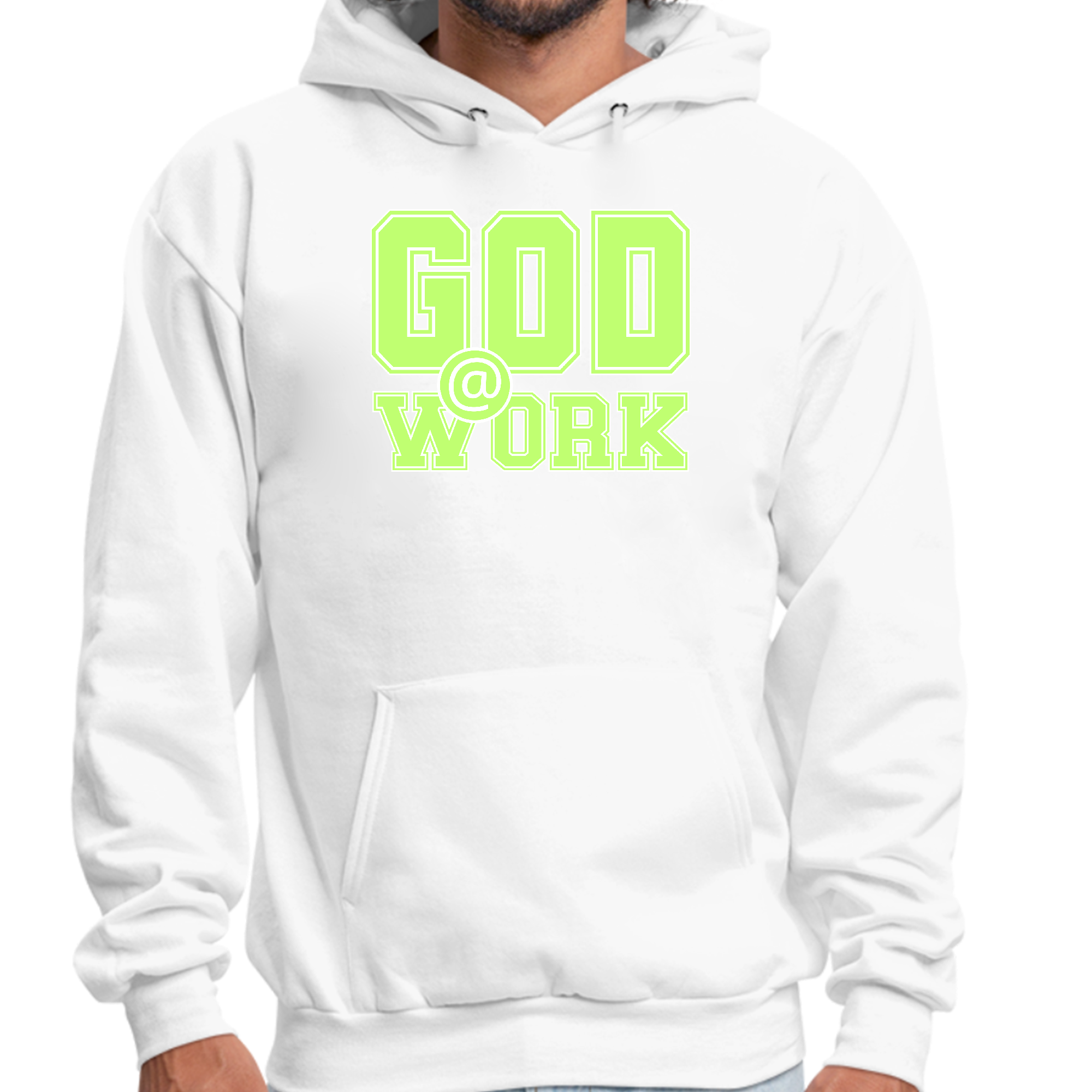 Men's Graphic Hoodie in Neon Green with God @ Work print, showcasing a stylish long sleeve design and drawstring neckline.