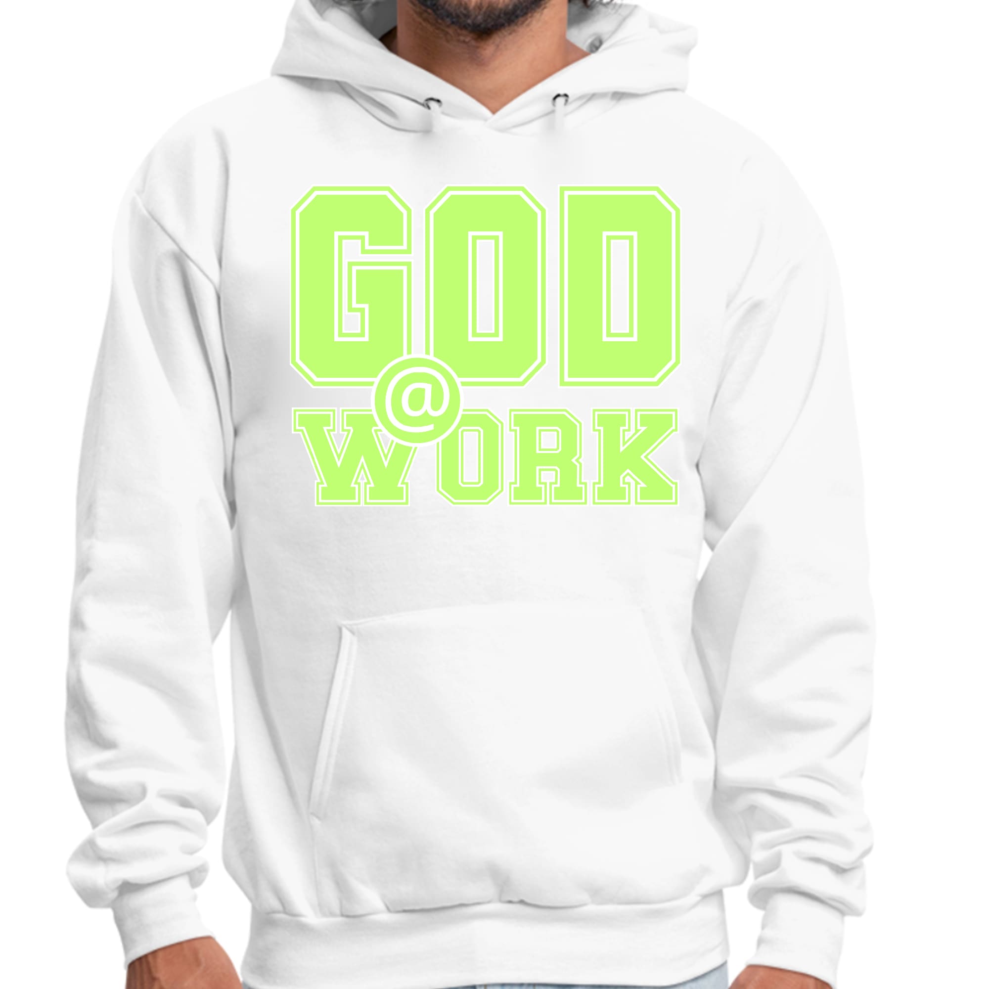 Men's Graphic Hoodie in Neon Green with God @ Work print, showcasing a stylish long sleeve design and drawstring neckline.