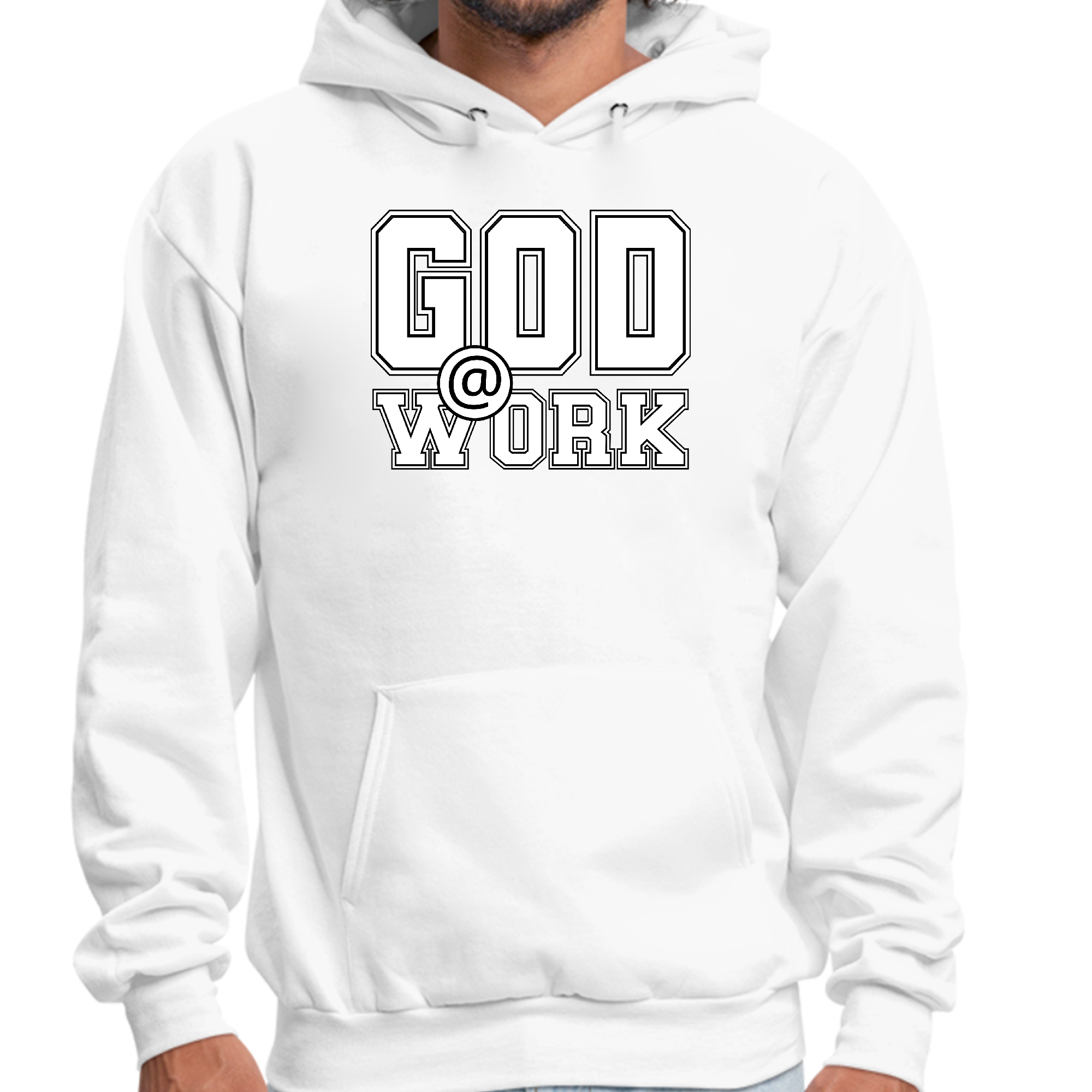 Men's Graphic Hoodie in black and white with God @ Work print, showcasing a stylish pullover design and drawstring neckline.