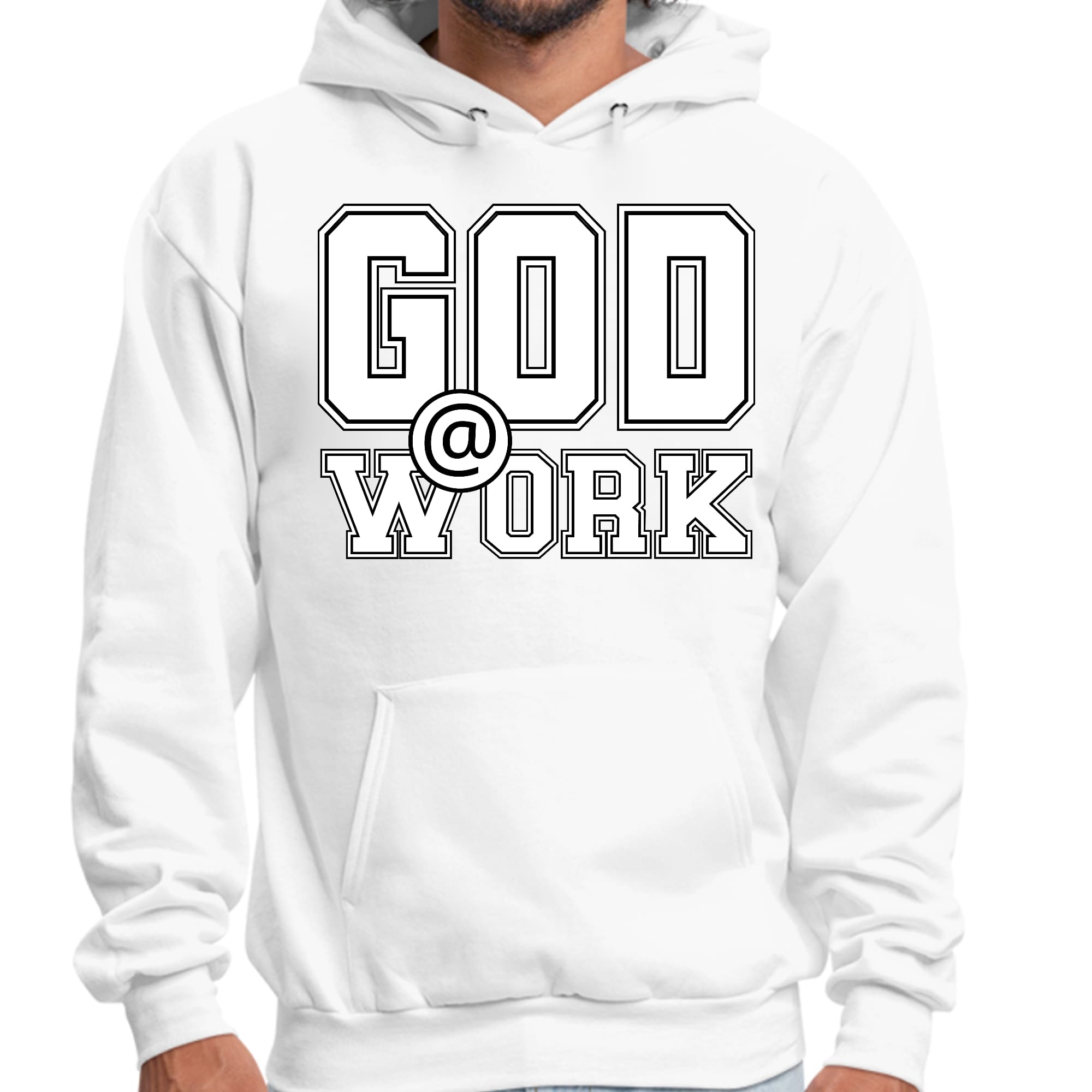 Men's Graphic Hoodie in black and white with God @ Work print, showcasing a stylish pullover design and drawstring neckline.