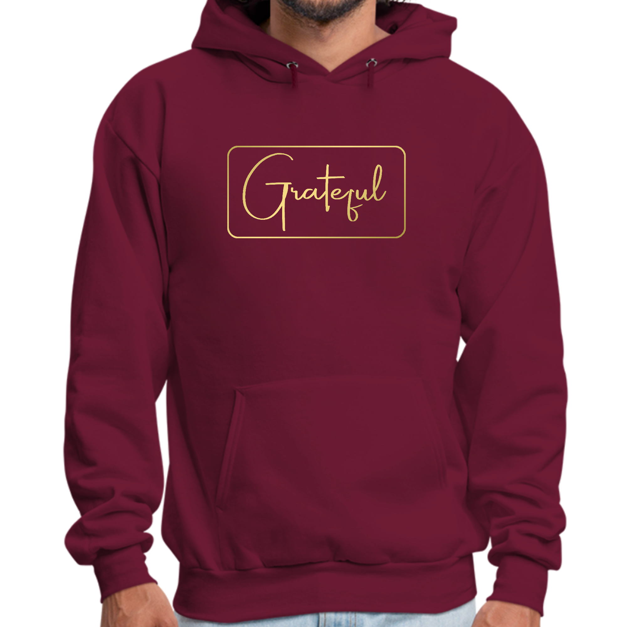 Mens Graphic Hoodie featuring a Grateful, Metallic Gold Illustration, showcasing a stylish design and comfortable fit.