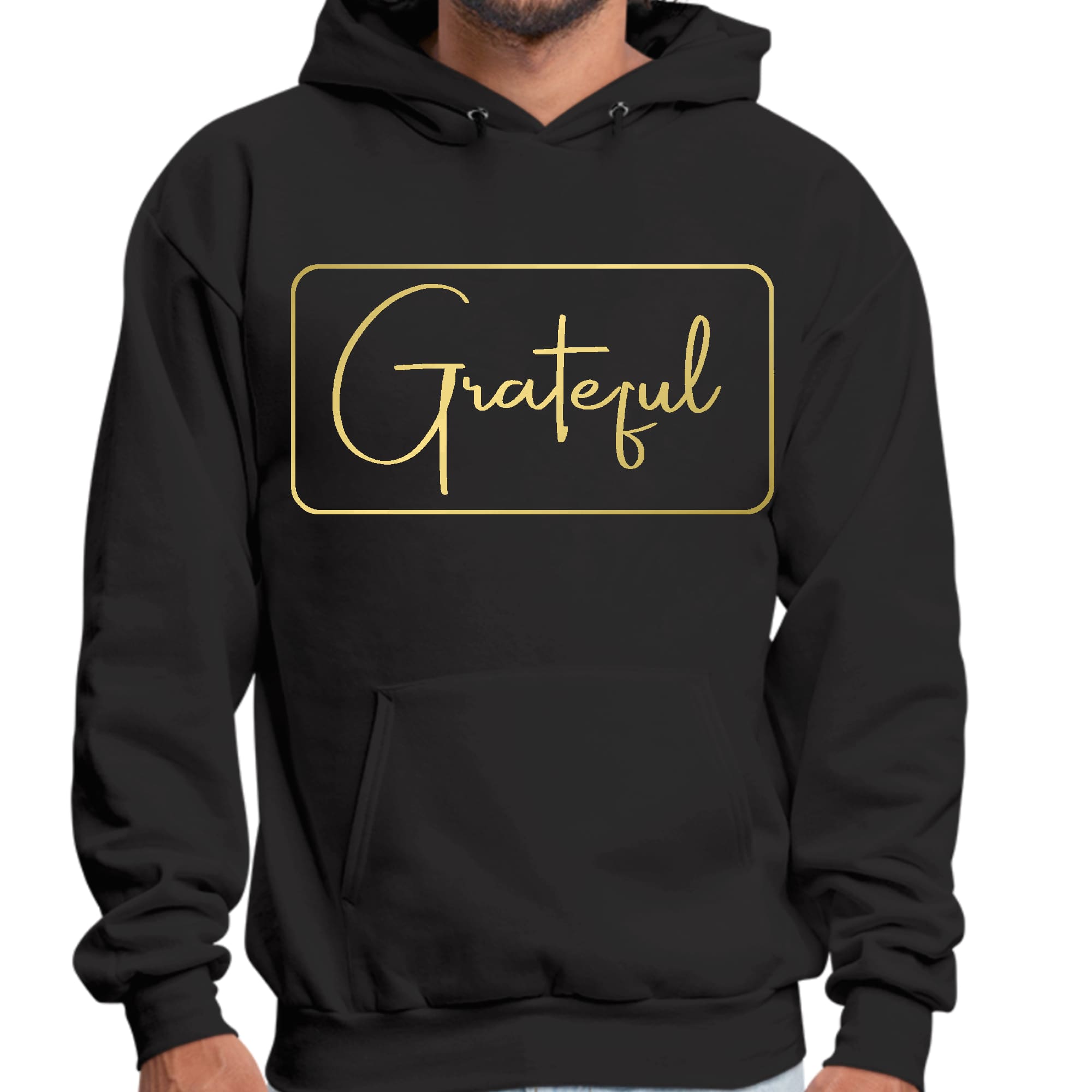 Mens Graphic Hoodie featuring a Grateful, Metallic Gold Illustration, showcasing a stylish design and comfortable fit.