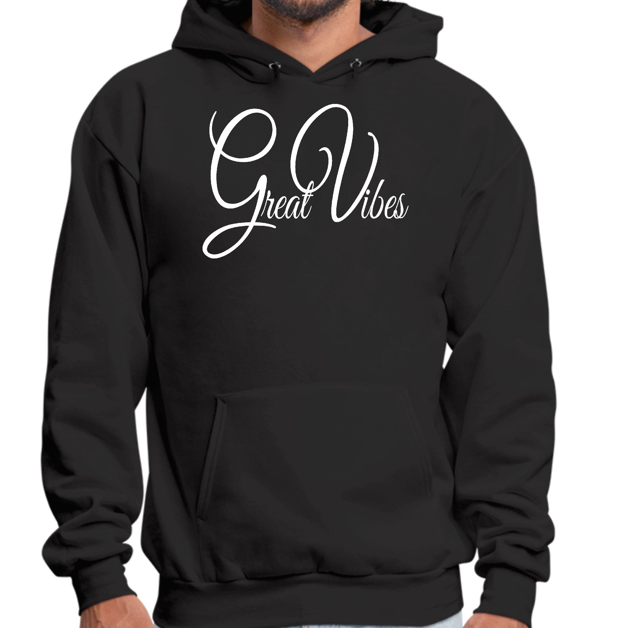 Mens Graphic Hoodie Great Vibes featuring a soft fabric, drawstring neckline, and vibrant graphic design, perfect for casual wear.