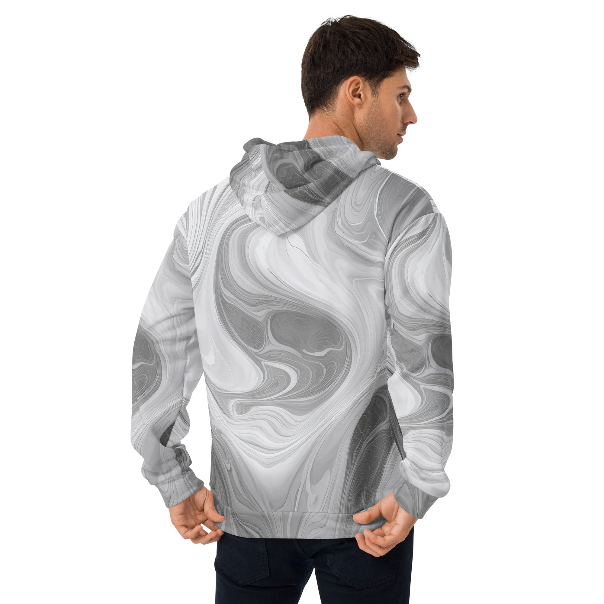 Men's Graphic Hoodie in grey and white Boho Marble Print, featuring a double-lined hood and front pouch pocket.