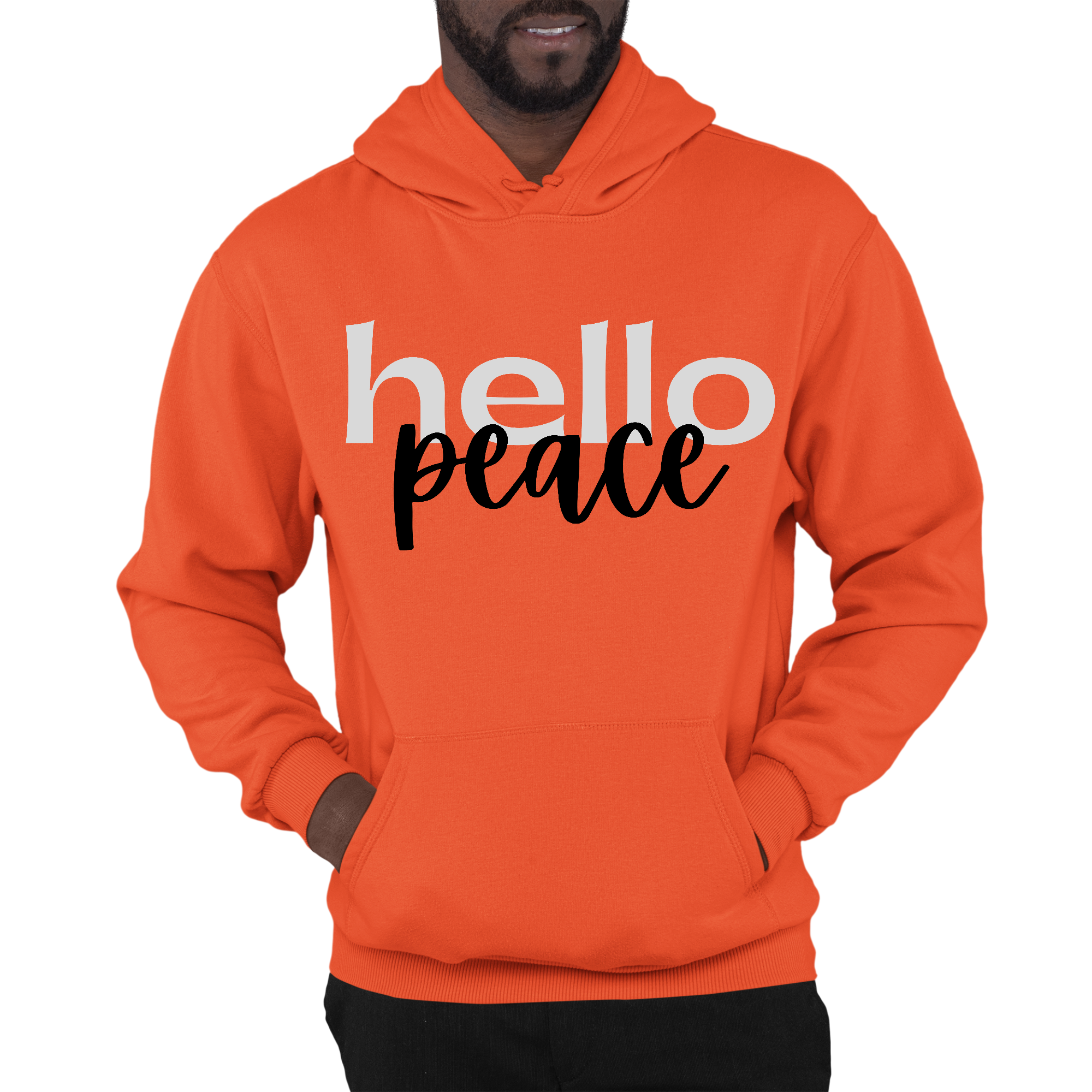 Mens Graphic Hoodie in grey and black featuring 'Hello Peace' motivational graphic, designed for comfort and durability.