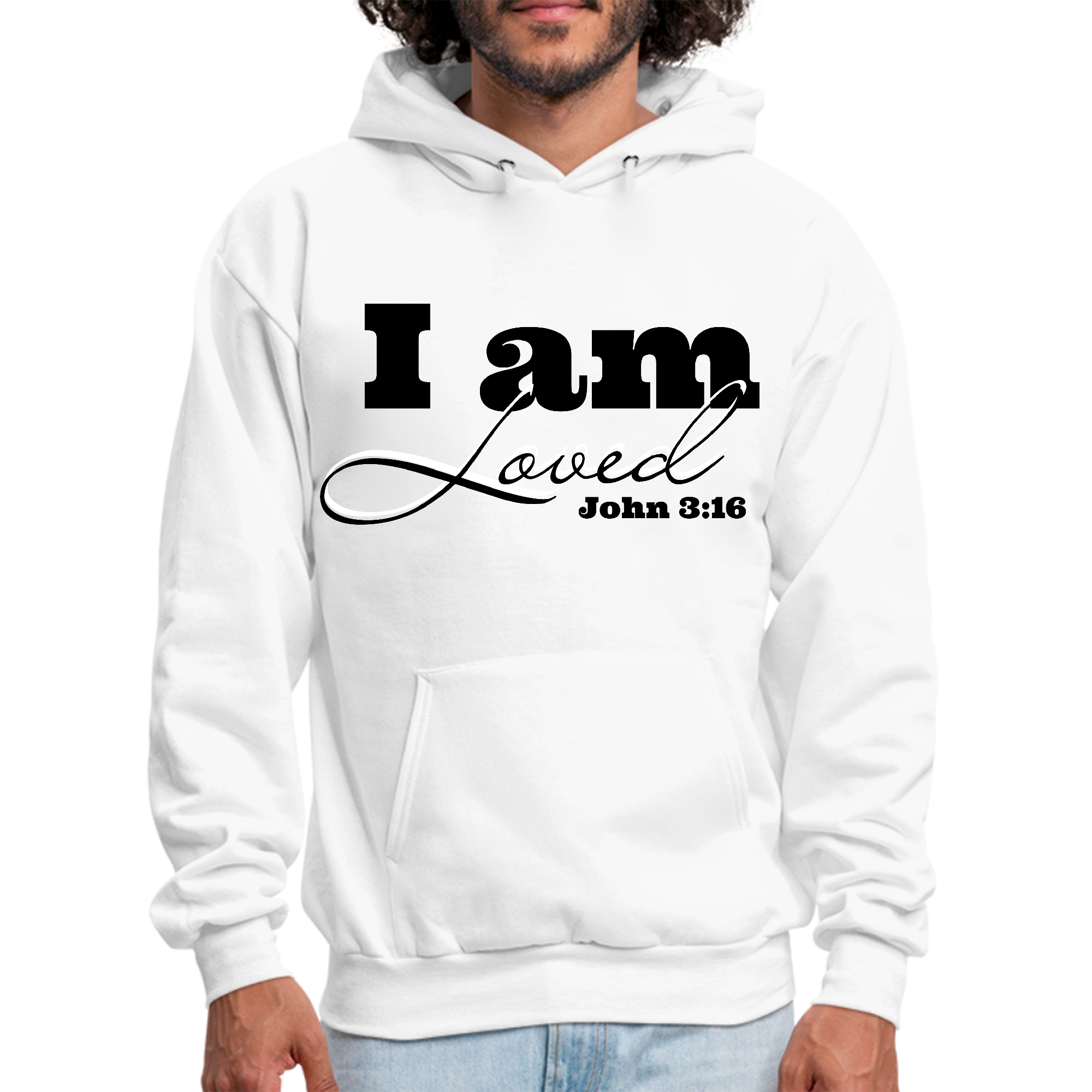 Men's graphic hoodie featuring 'I Am Loved' design with John 3:16 illustration in black, showcasing a comfortable and stylish look.