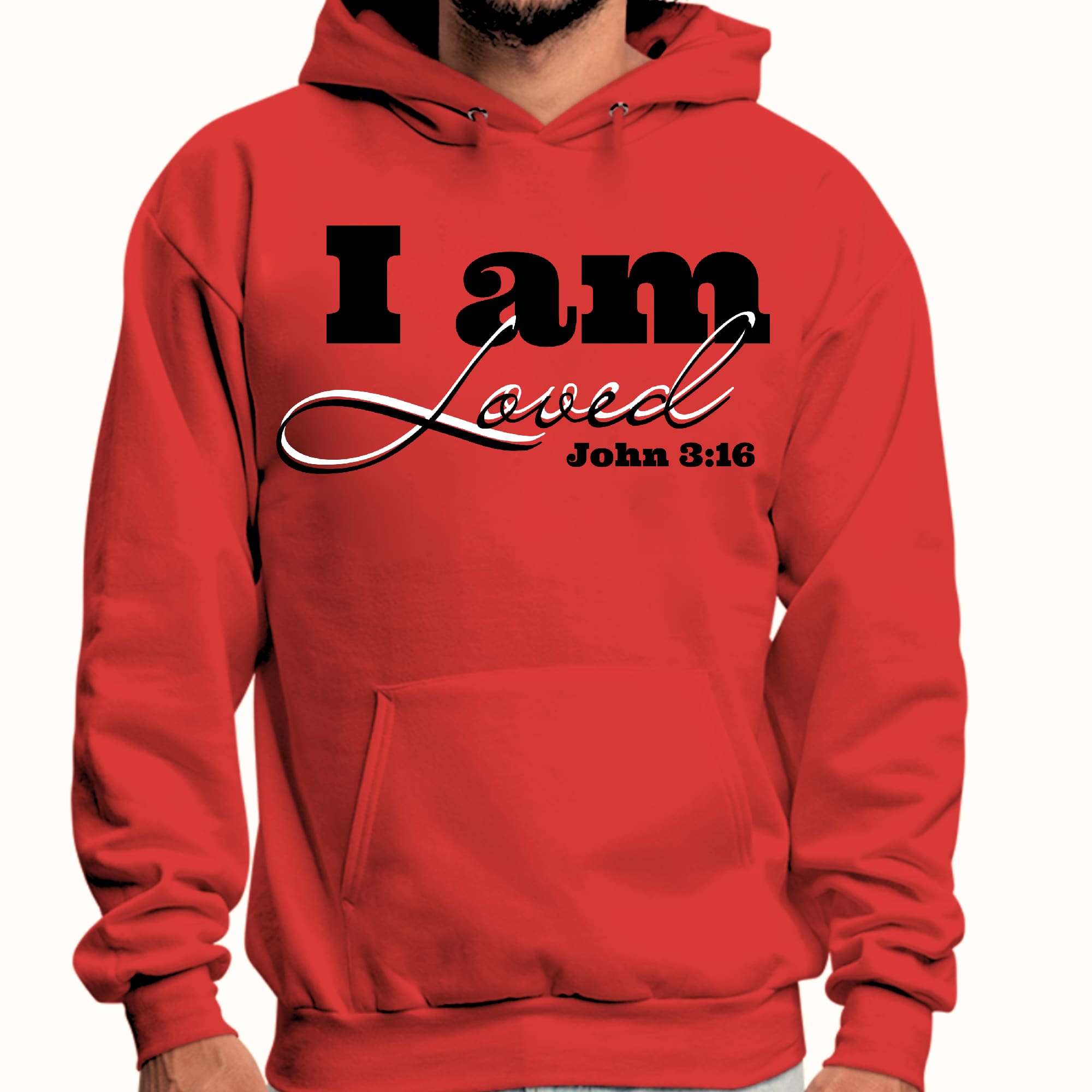 Men's graphic hoodie featuring 'I Am Loved' design with John 3:16 illustration in black, showcasing a comfortable and stylish look.