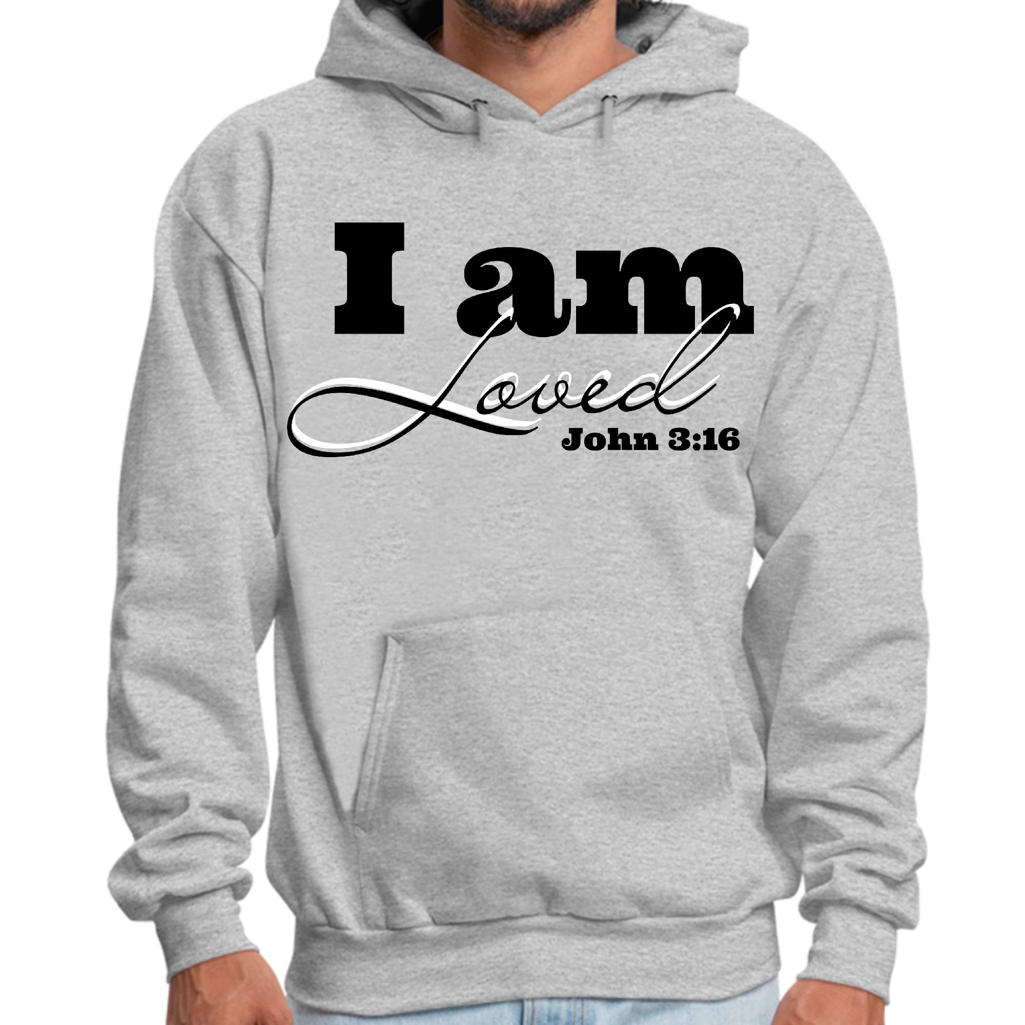 Men's graphic hoodie featuring 'I Am Loved' design with John 3:16 illustration in black, showcasing a comfortable and stylish look.