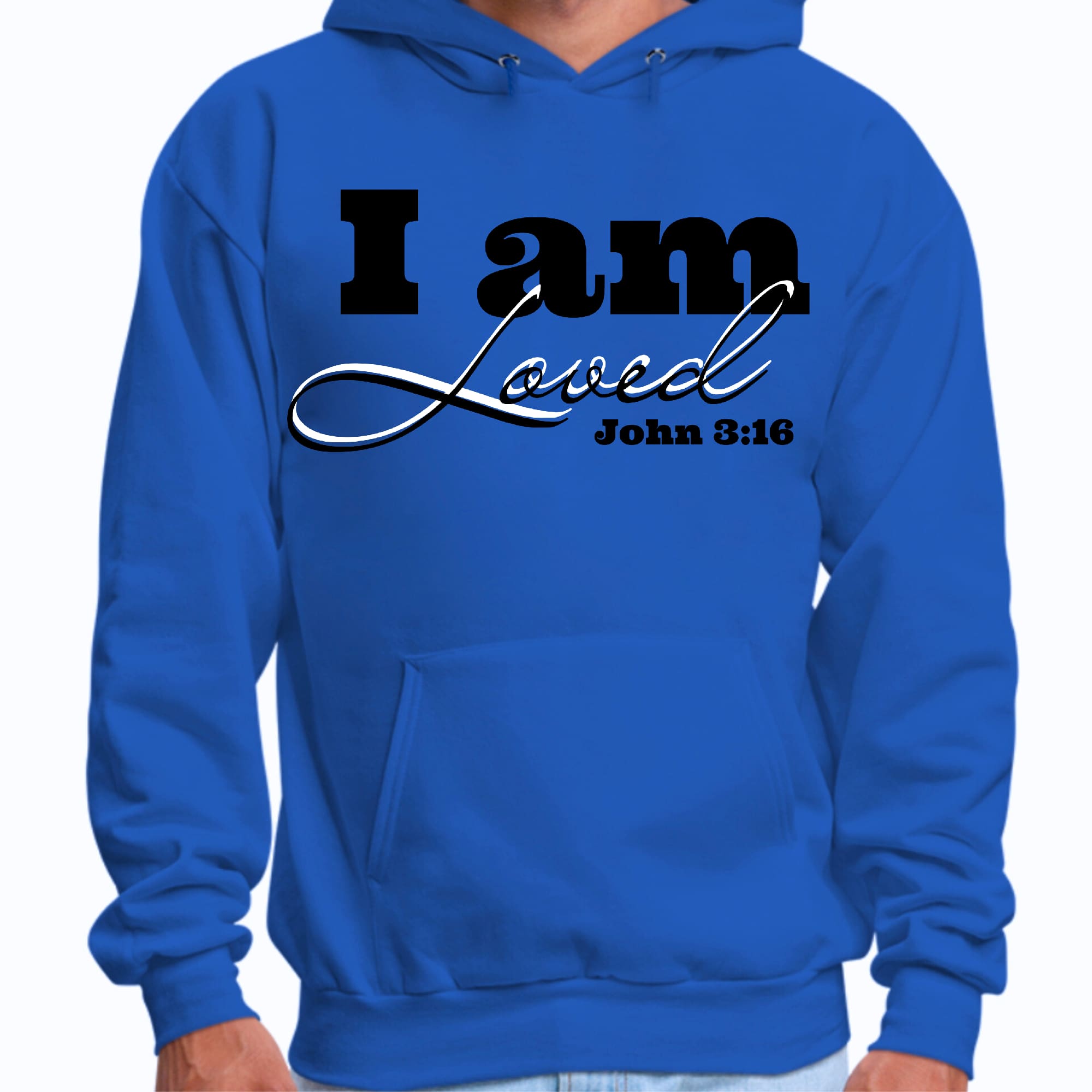 Men's graphic hoodie featuring 'I Am Loved' design with John 3:16 illustration in black, showcasing a comfortable and stylish look.