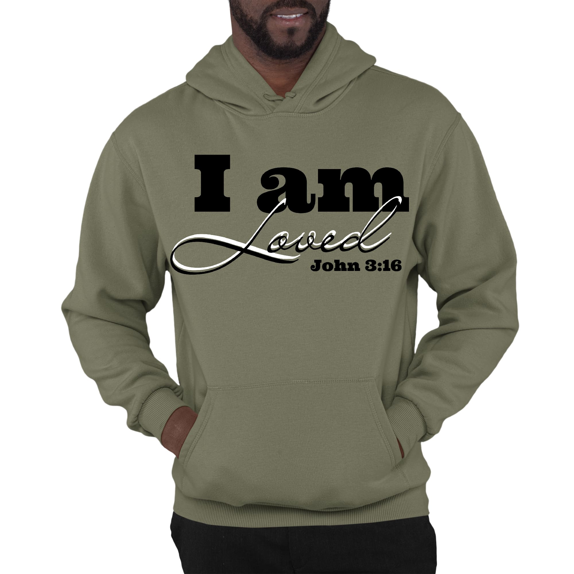 Men's graphic hoodie featuring 'I Am Loved' design with John 3:16 illustration in black, showcasing a comfortable and stylish look.