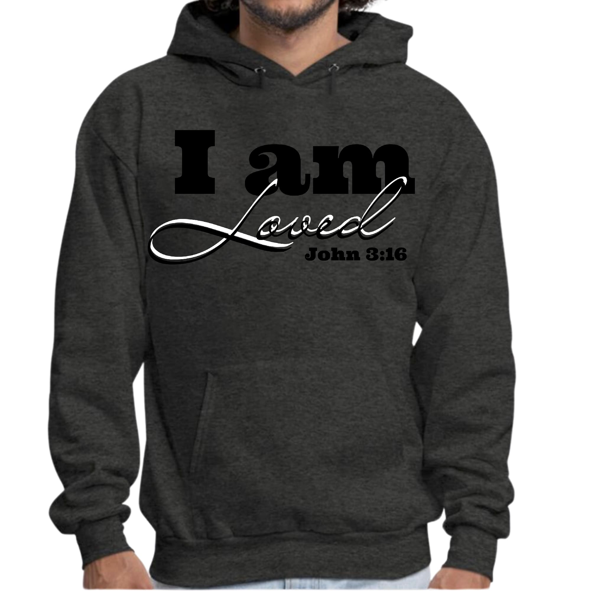 Men's graphic hoodie featuring 'I Am Loved' design with John 3:16 illustration in black, showcasing a comfortable and stylish look.