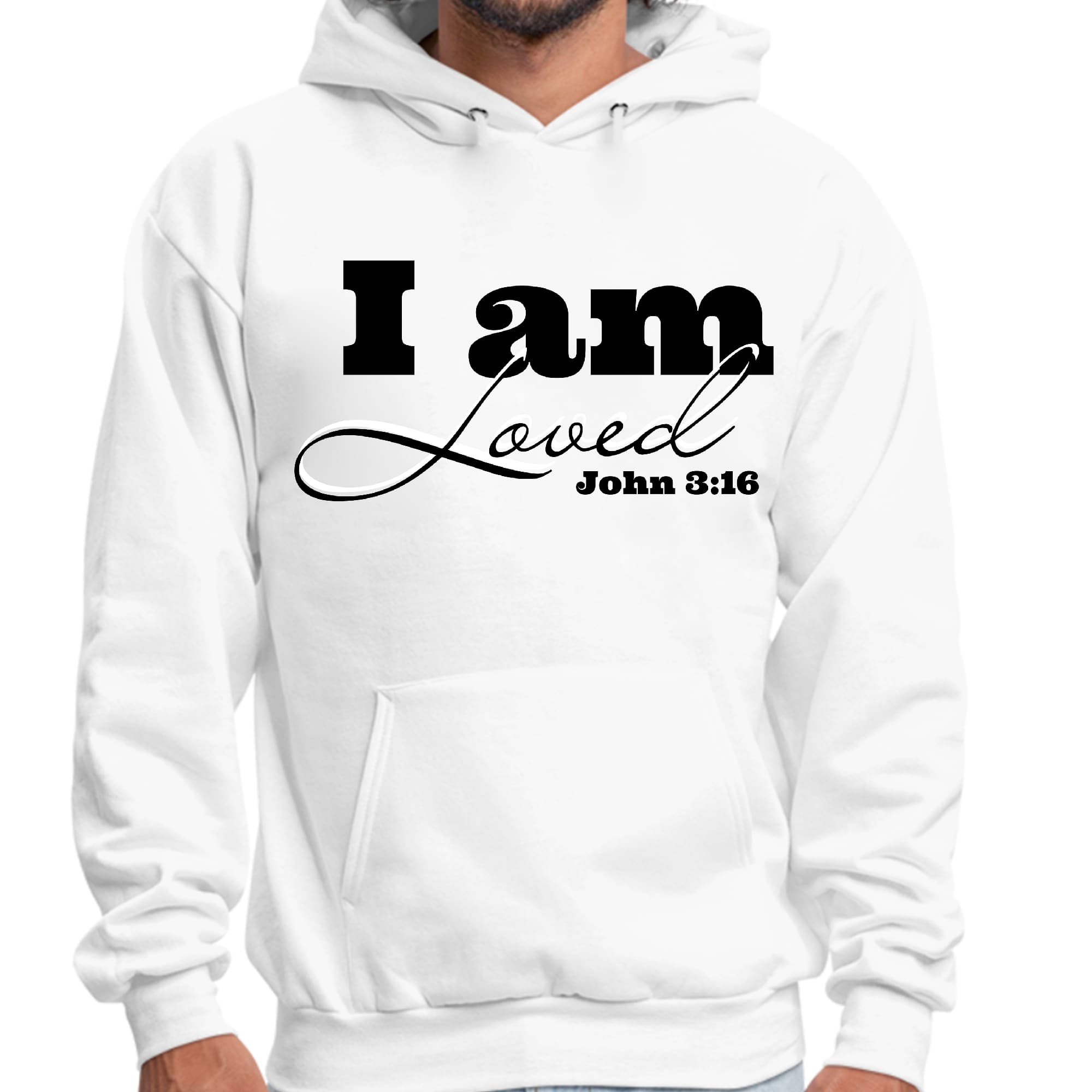 Men's graphic hoodie featuring 'I Am Loved' design with John 3:16 illustration in black, showcasing a comfortable and stylish look.