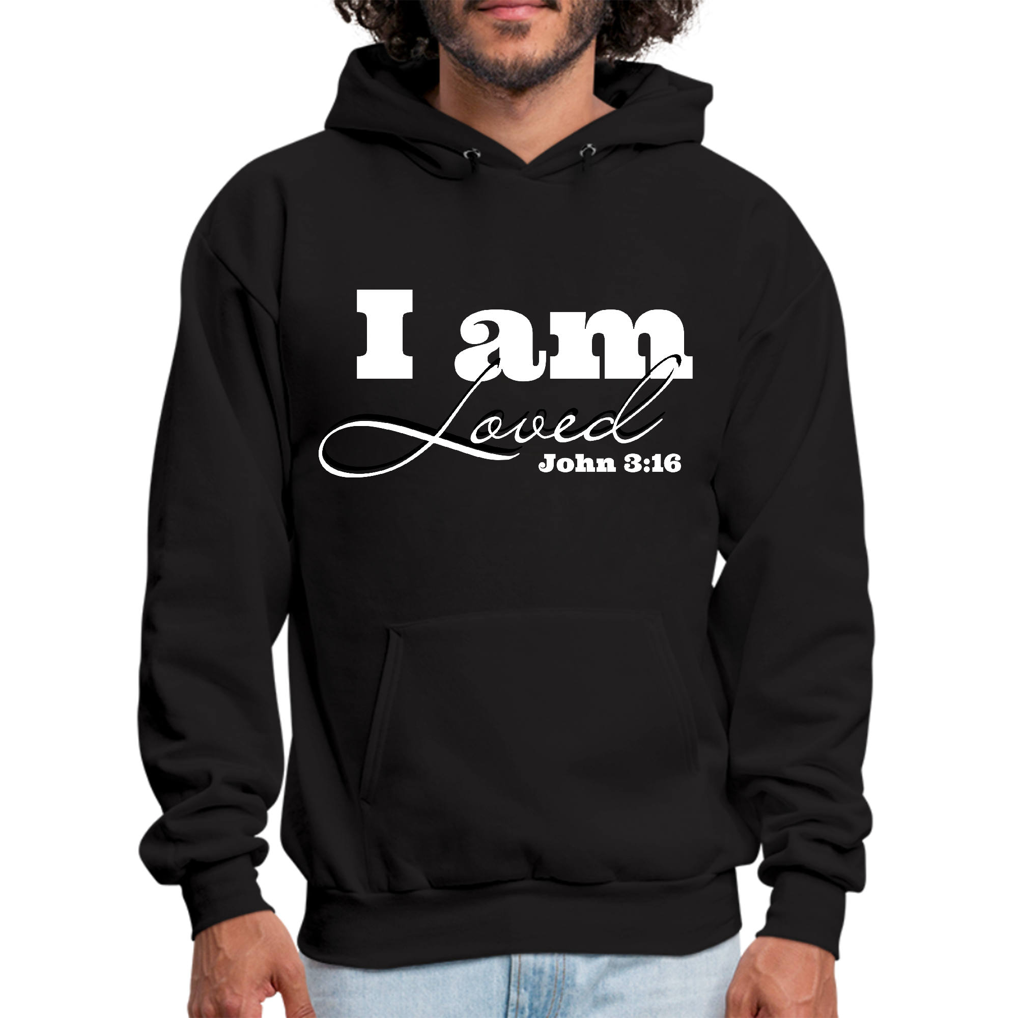 Men's graphic hoodie featuring 'I Am Loved' and John 3:16 illustration, showcasing a comfortable and stylish design.