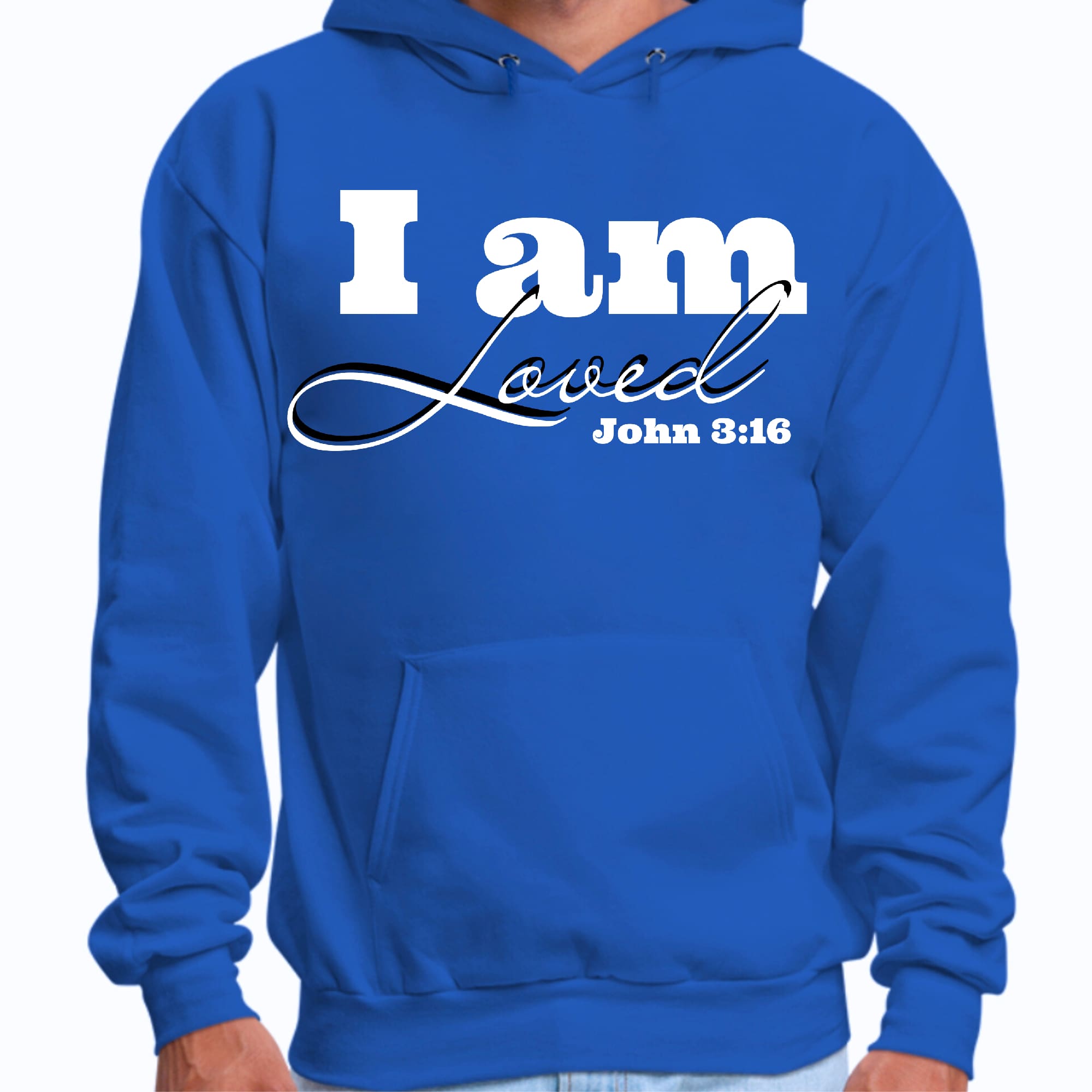 Men's graphic hoodie featuring 'I Am Loved' and John 3:16 illustration, showcasing a comfortable and stylish design.