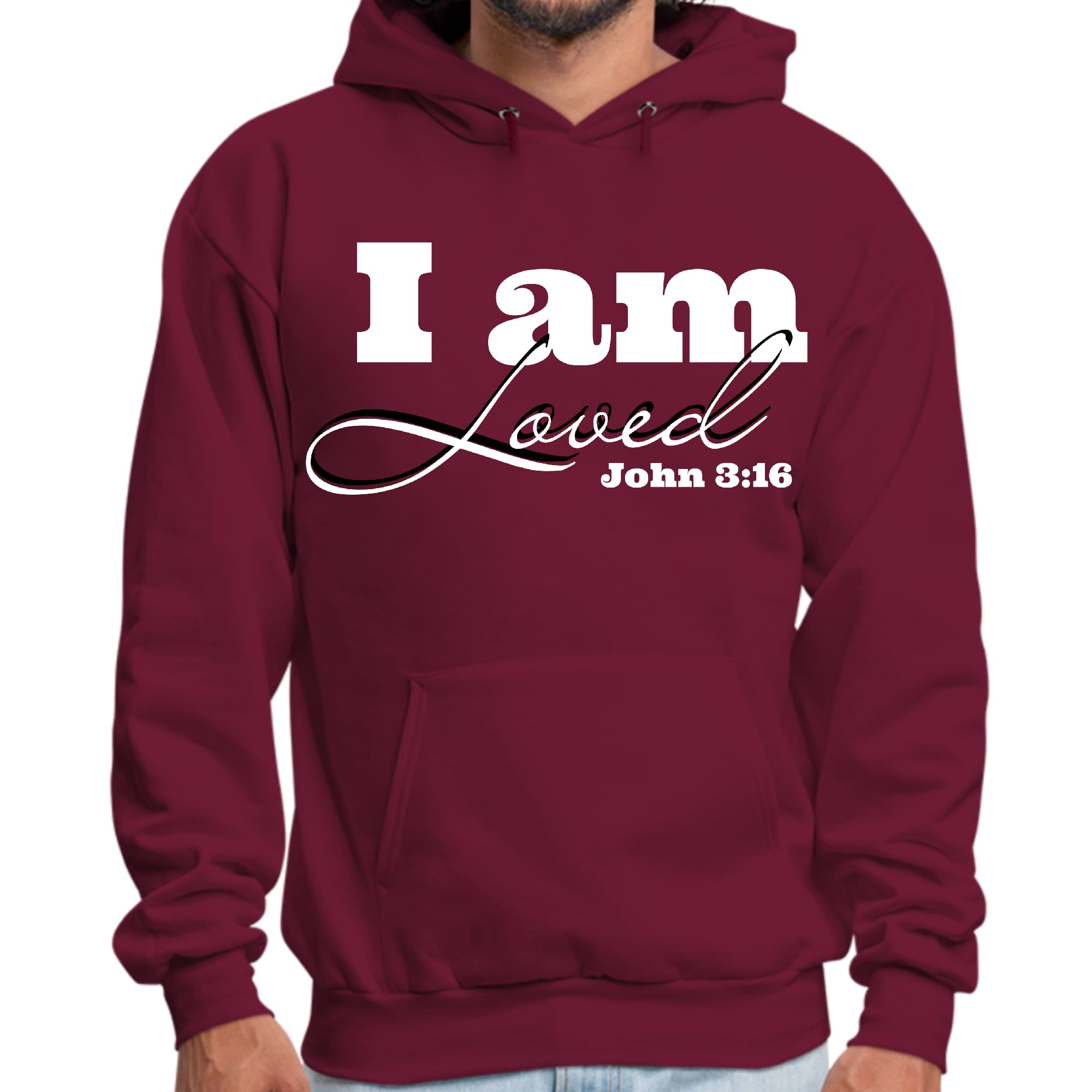 Men's graphic hoodie featuring 'I Am Loved' and John 3:16 illustration, showcasing a comfortable and stylish design.