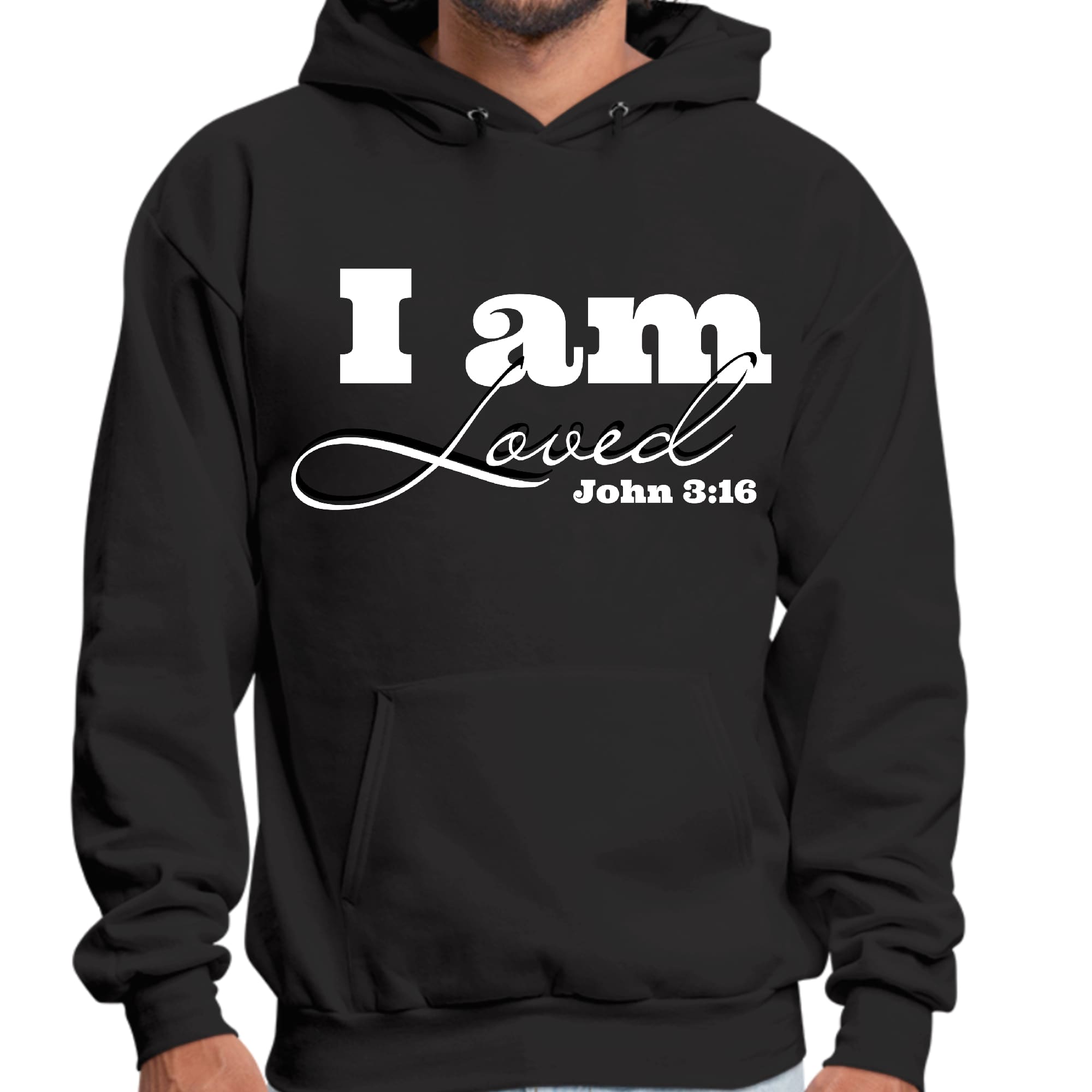 Men's graphic hoodie featuring 'I Am Loved' and John 3:16 illustration, showcasing a comfortable and stylish design.