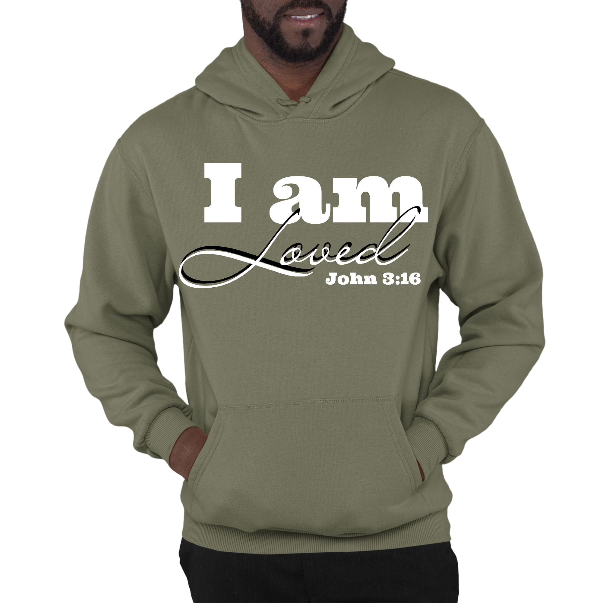 Men's graphic hoodie featuring 'I Am Loved' and John 3:16 illustration, showcasing a comfortable and stylish design.