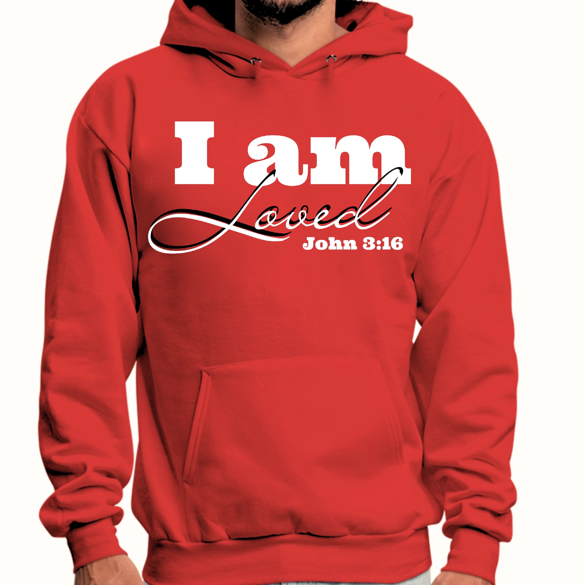 Men's graphic hoodie featuring 'I Am Loved' and John 3:16 illustration, showcasing a comfortable and stylish design.