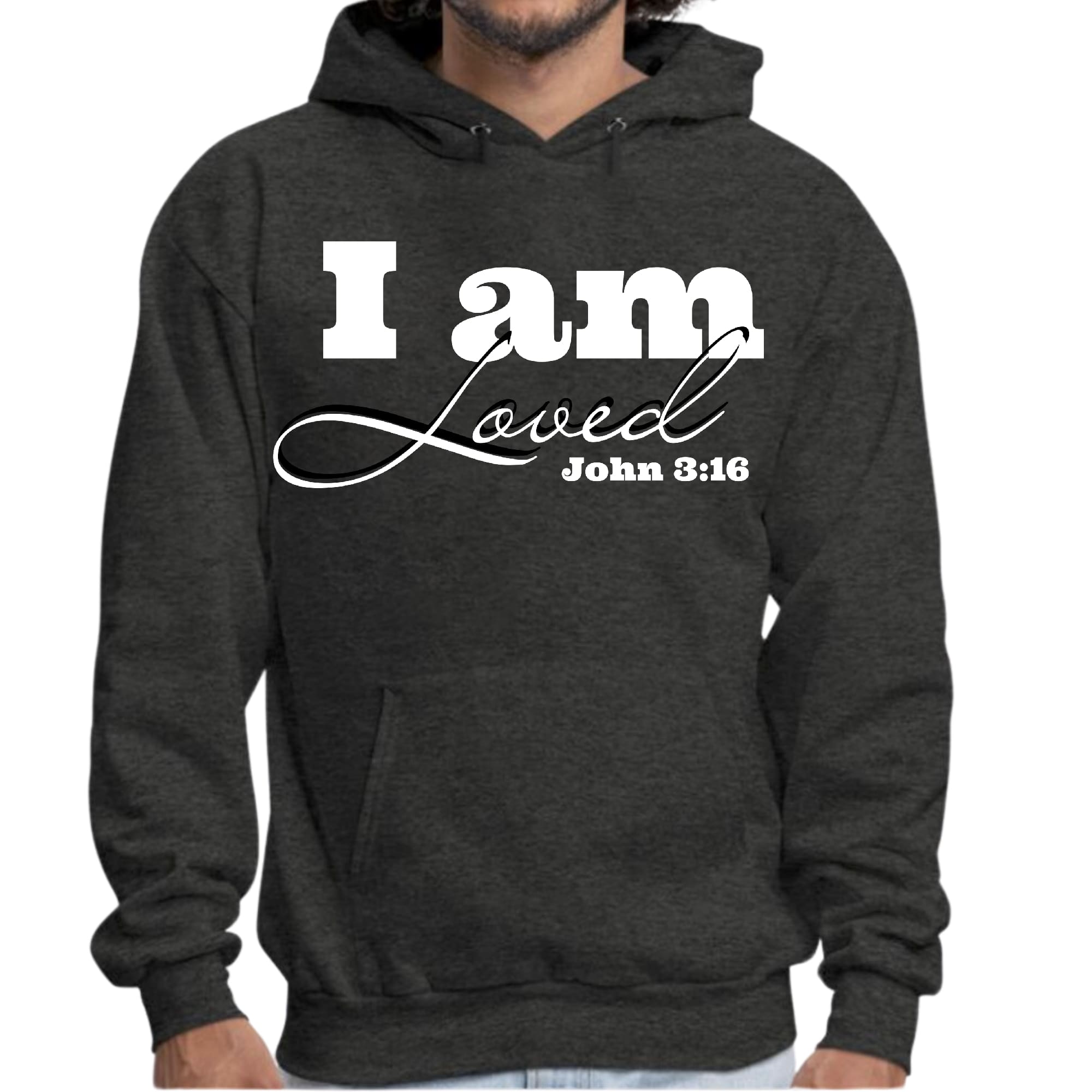 Men's graphic hoodie featuring 'I Am Loved' and John 3:16 illustration, showcasing a comfortable and stylish design.