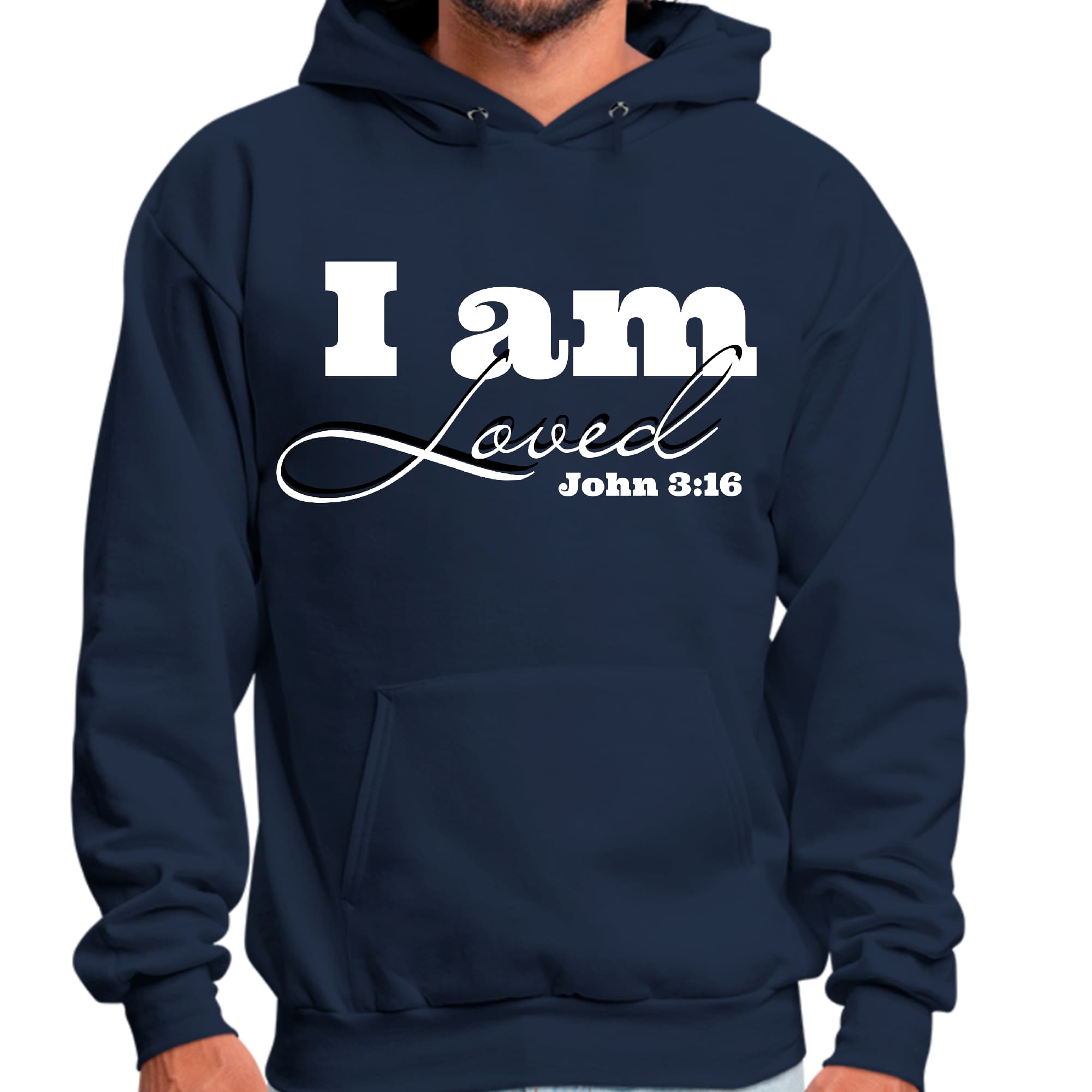 Men's graphic hoodie featuring 'I Am Loved' and John 3:16 illustration, showcasing a comfortable and stylish design.