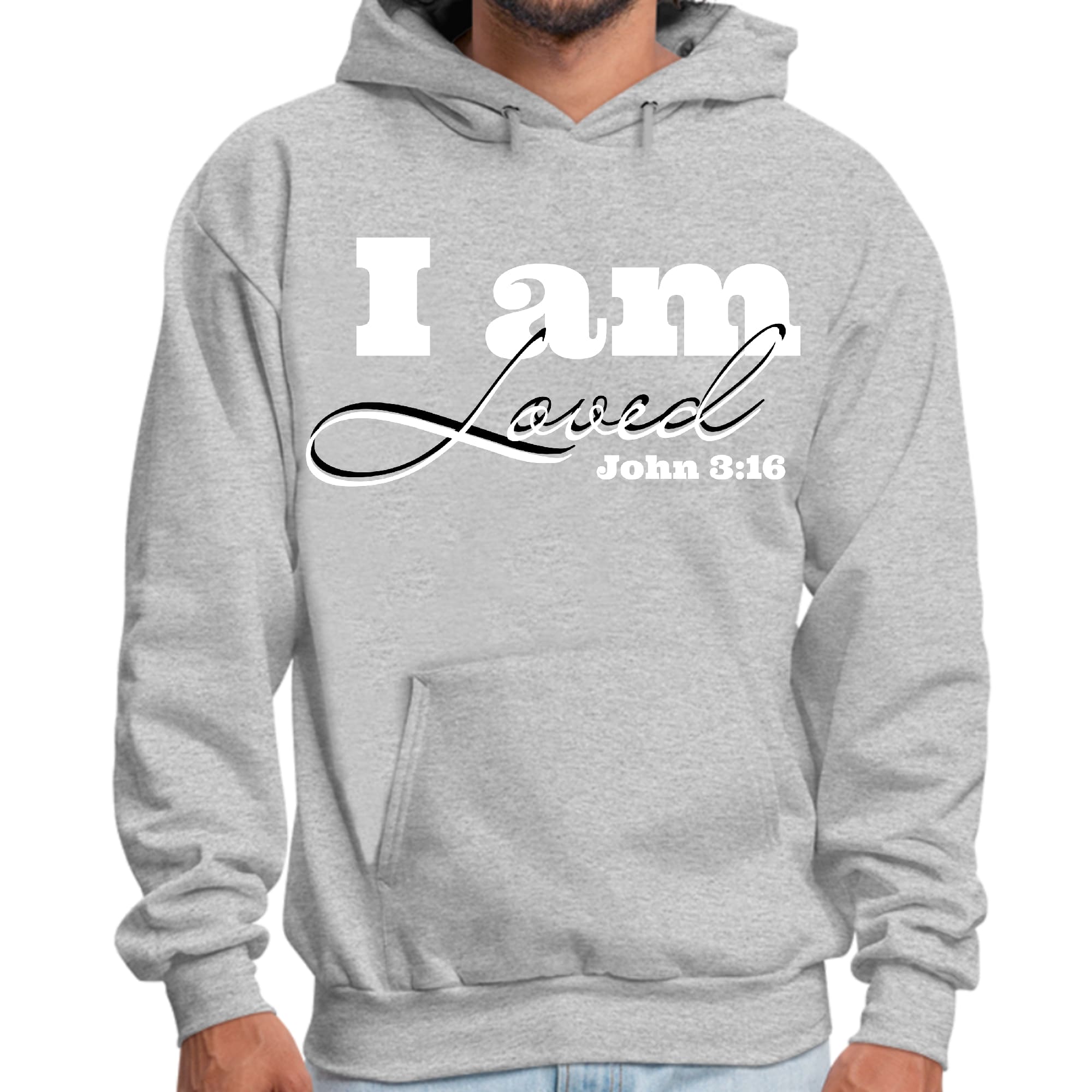 Men's graphic hoodie featuring 'I Am Loved' and John 3:16 illustration, showcasing a comfortable and stylish design.