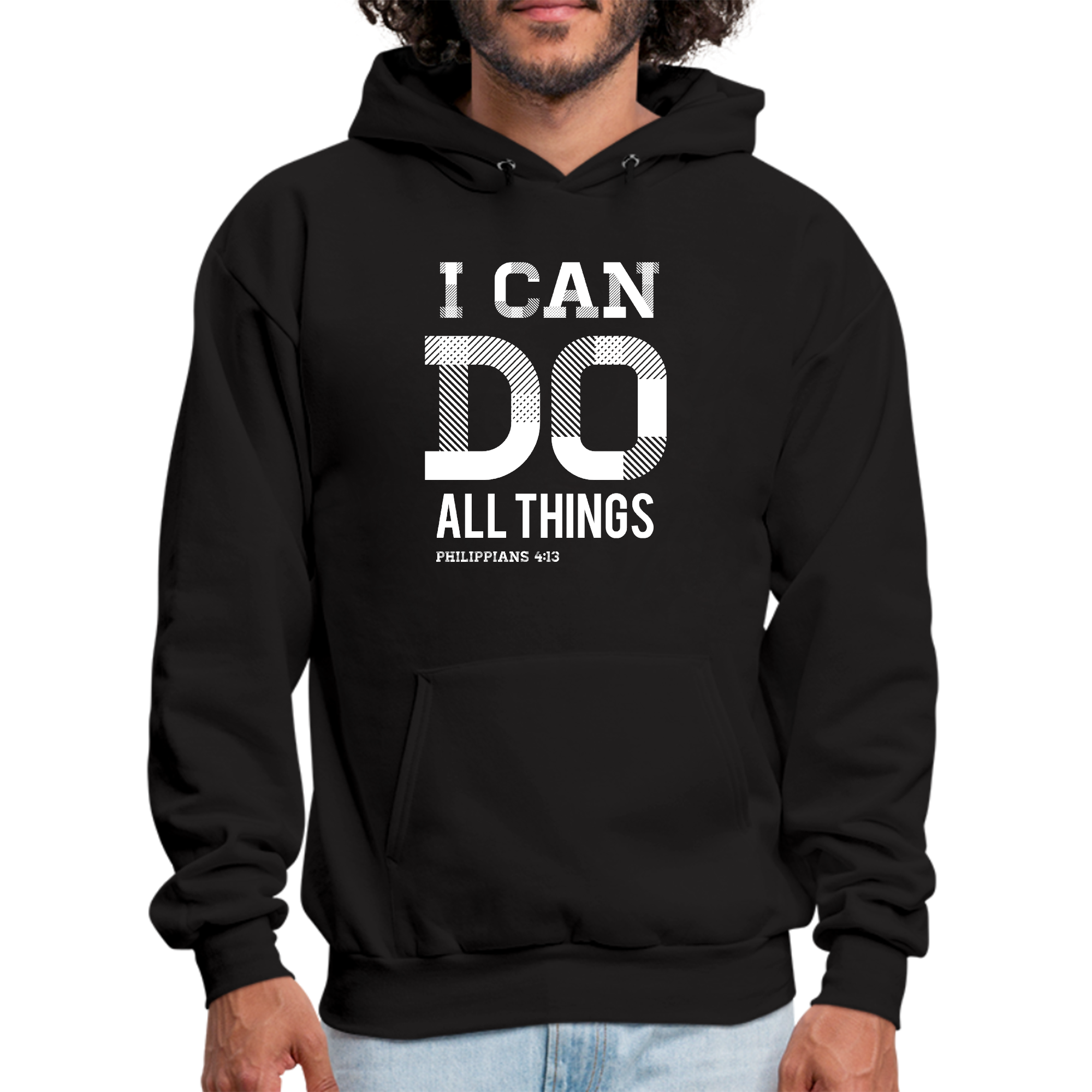 Men's Graphic Hoodie featuring Philippians 4:13 scripture print, showcasing a comfortable and stylish design.