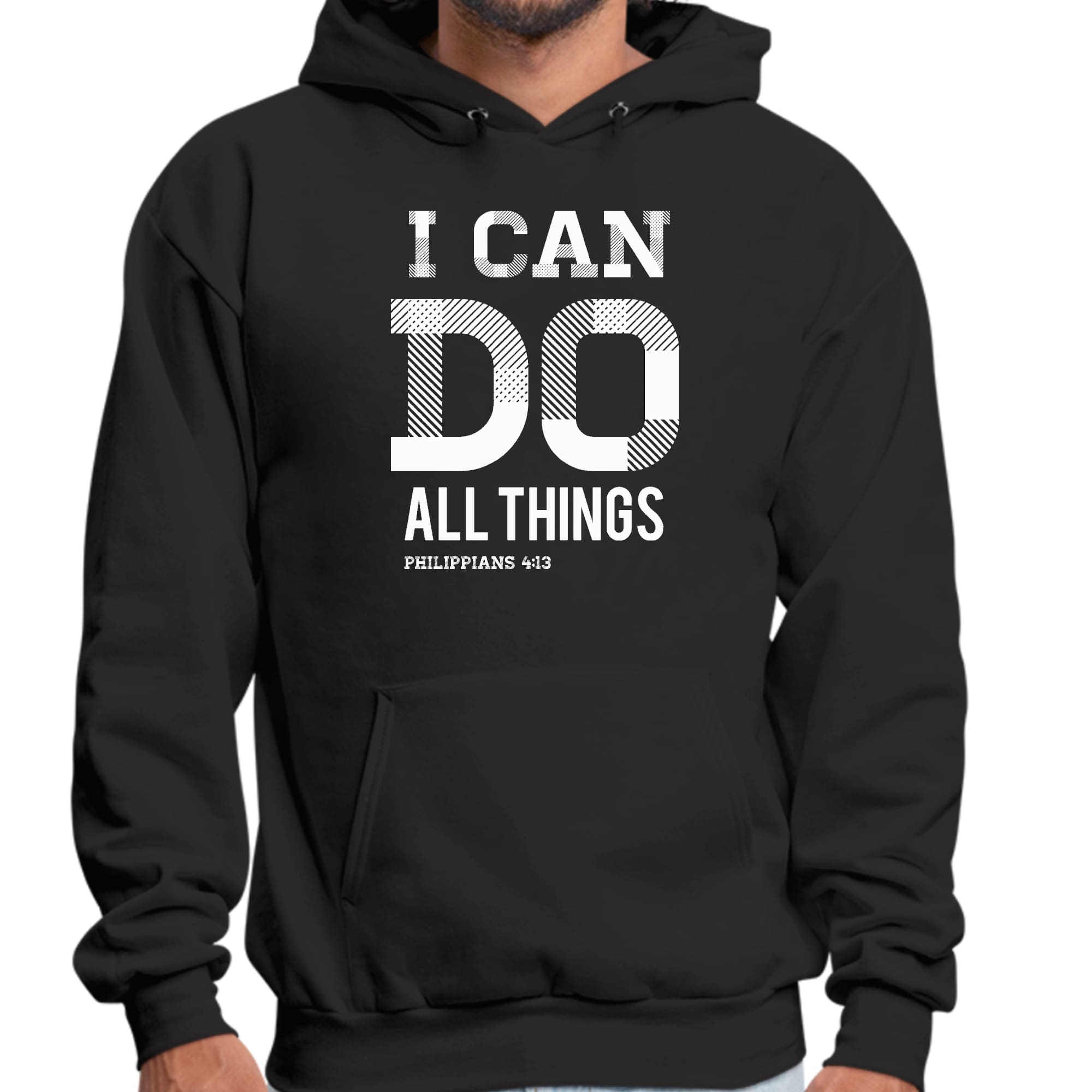 Men's Graphic Hoodie featuring Philippians 4:13 scripture print, showcasing a comfortable and stylish design.