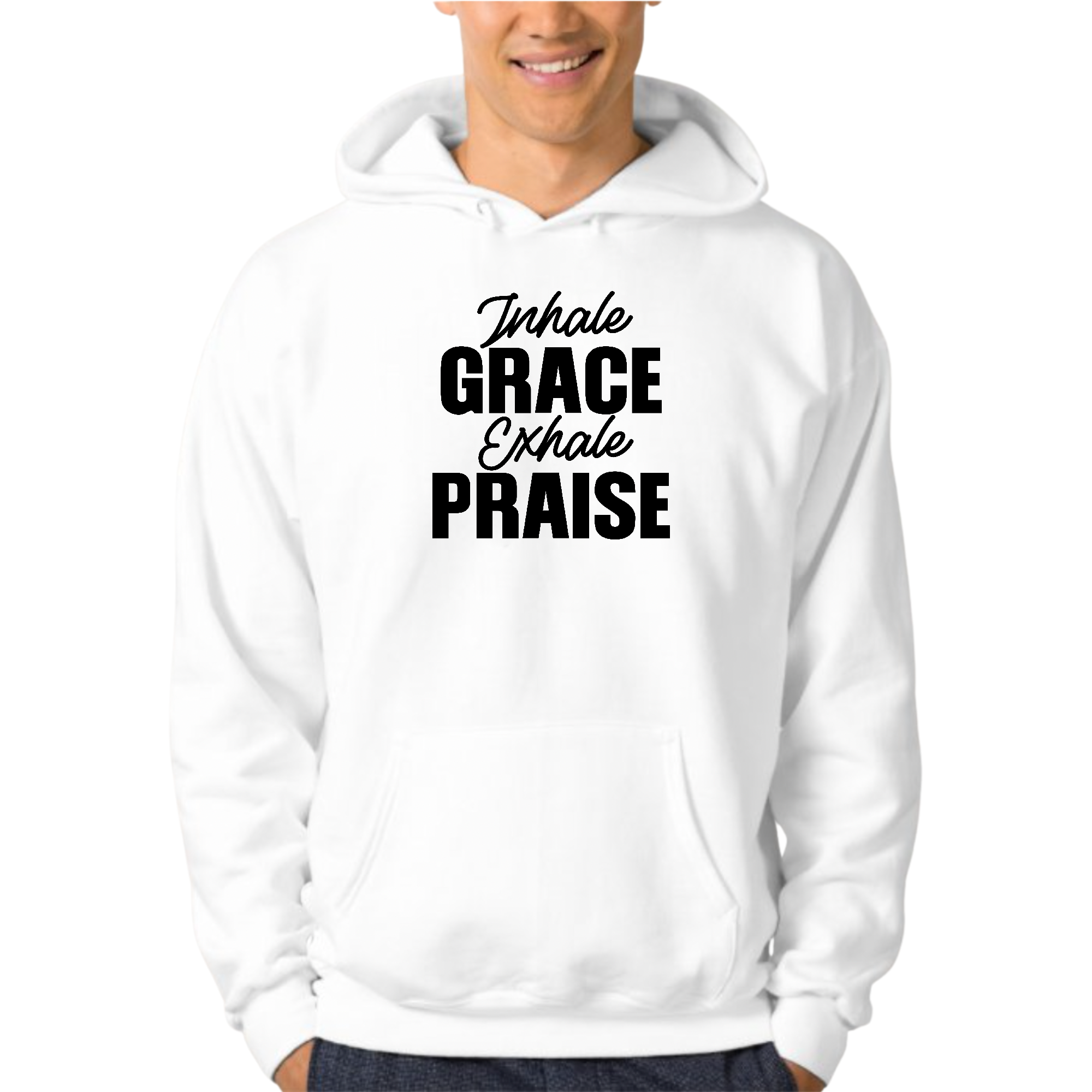 Men's graphic hoodie in black with 'Inhale Grace Exhale Praise' illustration, featuring a drawstring neckline and long sleeves.