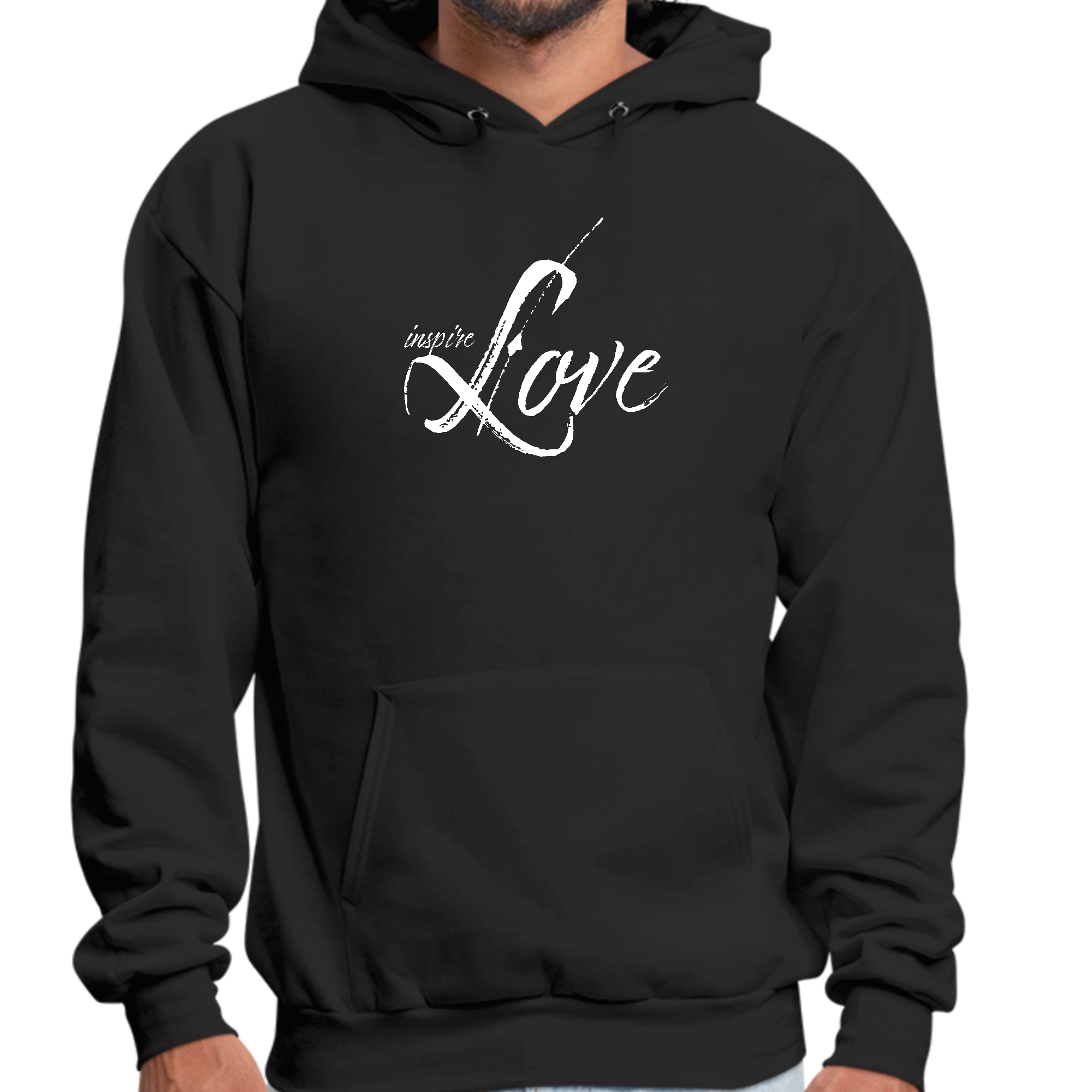 Mens Graphic Hoodie Inspire Love featuring a trendy design with the word 'LOVE' in a stylish font, perfect for creative individuals.