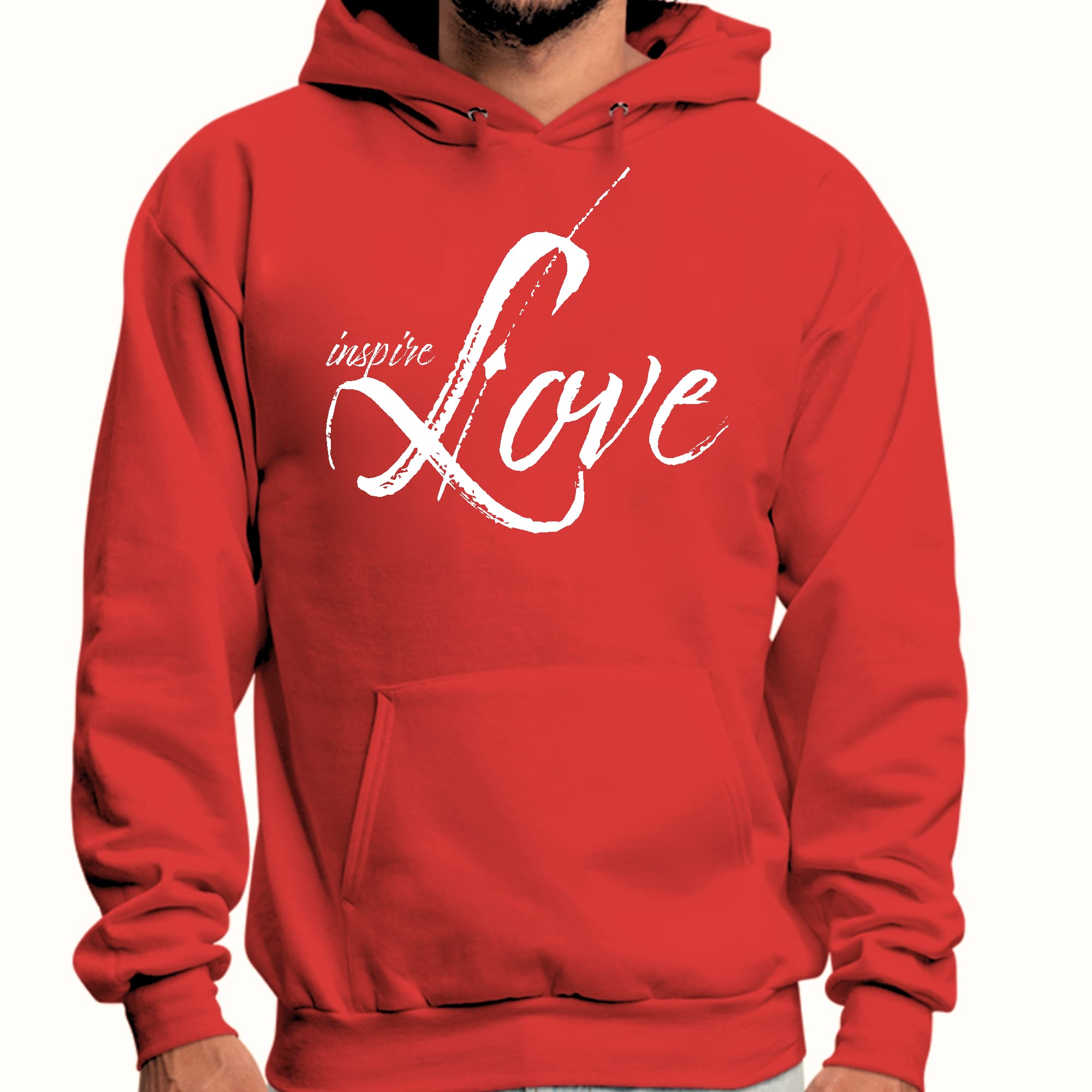 Mens Graphic Hoodie Inspire Love featuring a trendy design with the word 'LOVE' in a stylish font, perfect for creative individuals.