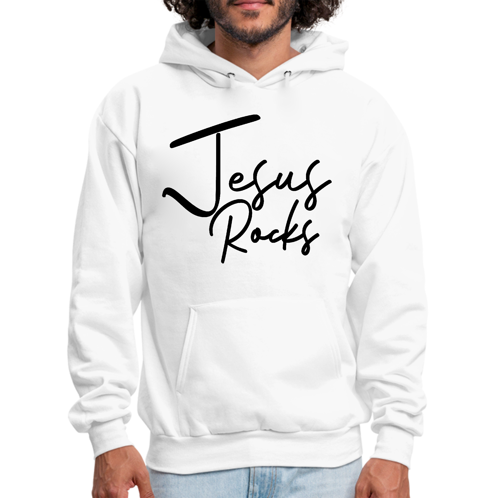 Men's black graphic hoodie featuring 'Jesus Rocks' print, showcasing a comfortable and stylish design.