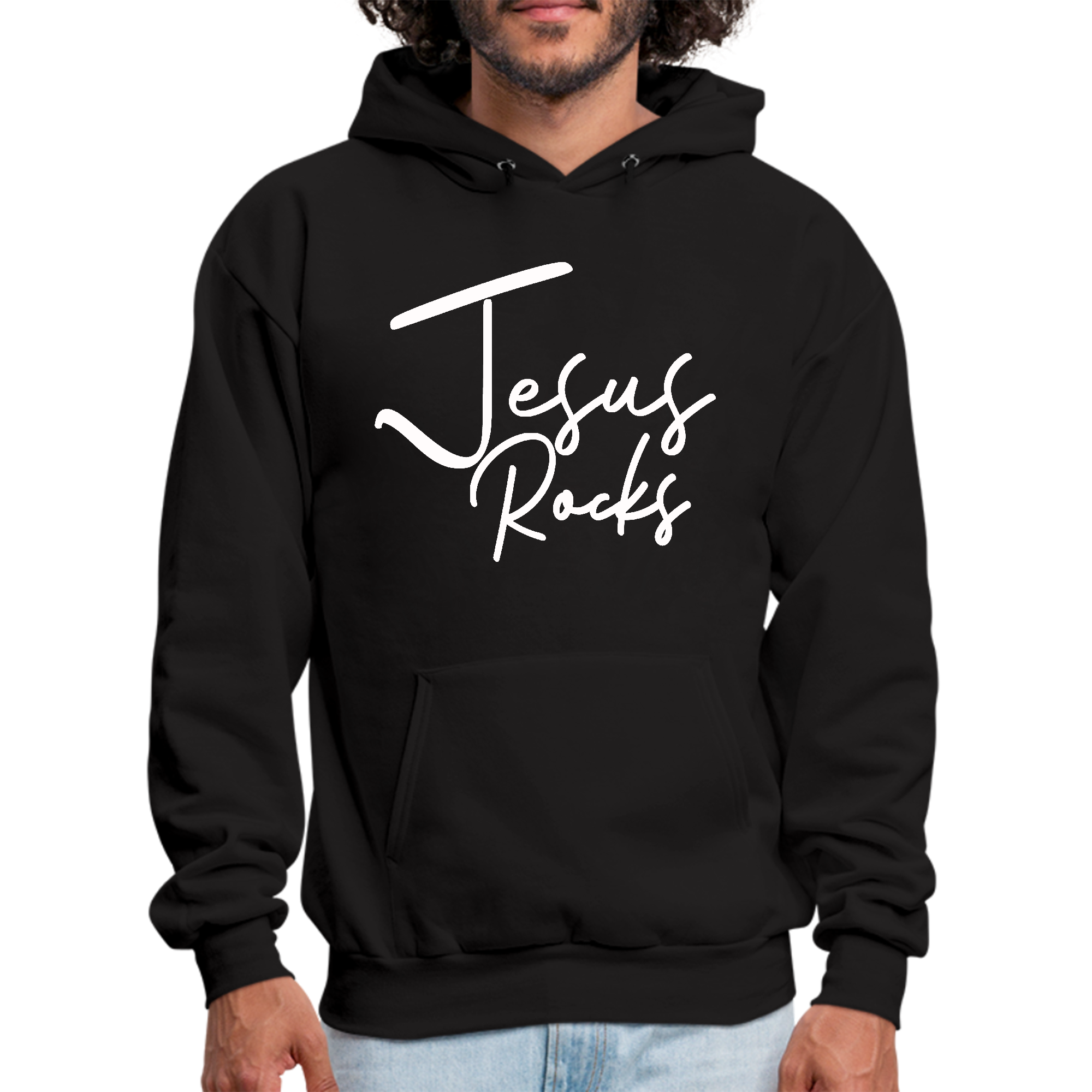 Men's Graphic Hoodie featuring 'Jesus Rocks' print, showcasing a comfortable and stylish design suitable for casual wear.