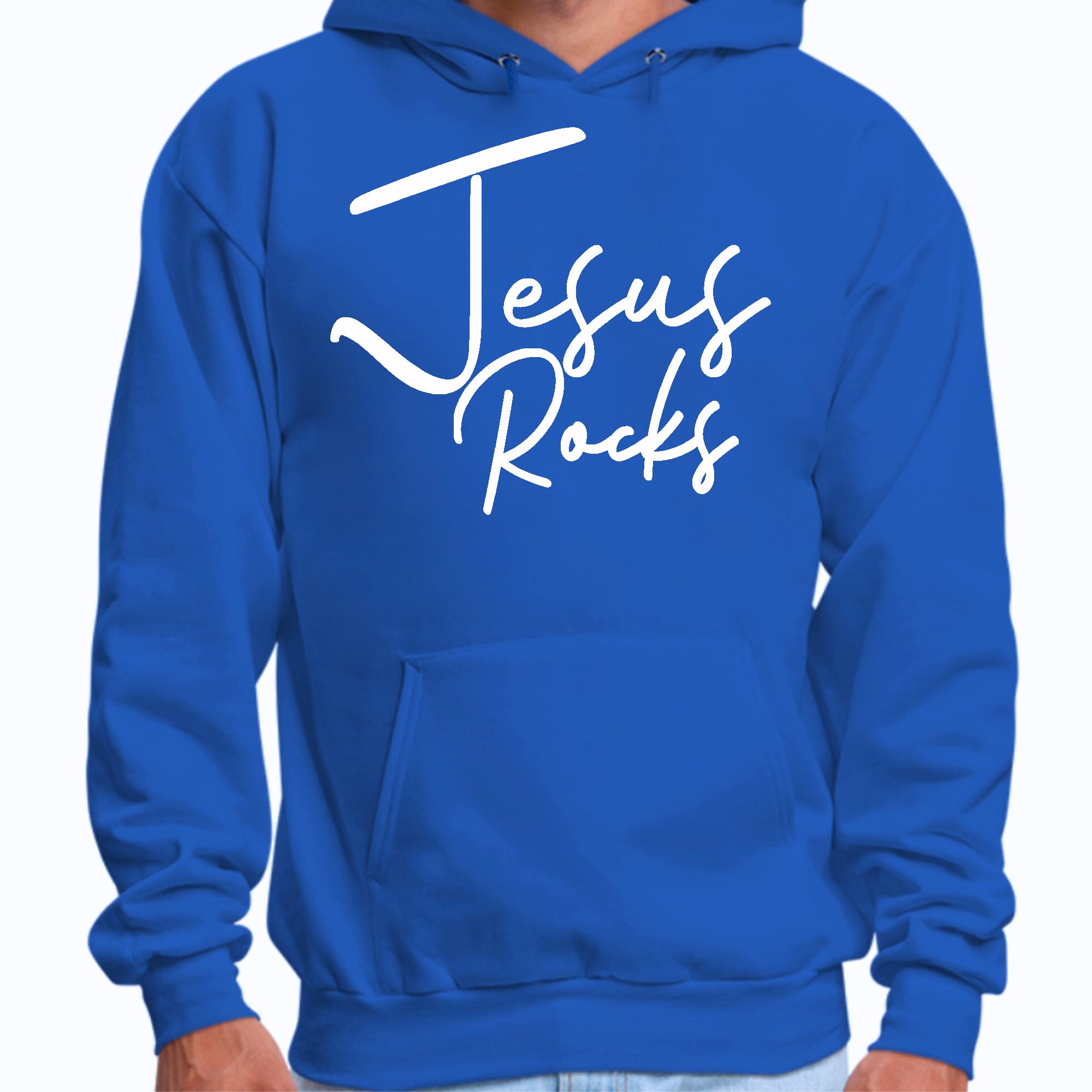 Men's Graphic Hoodie featuring 'Jesus Rocks' print, showcasing a comfortable and stylish design suitable for casual wear.