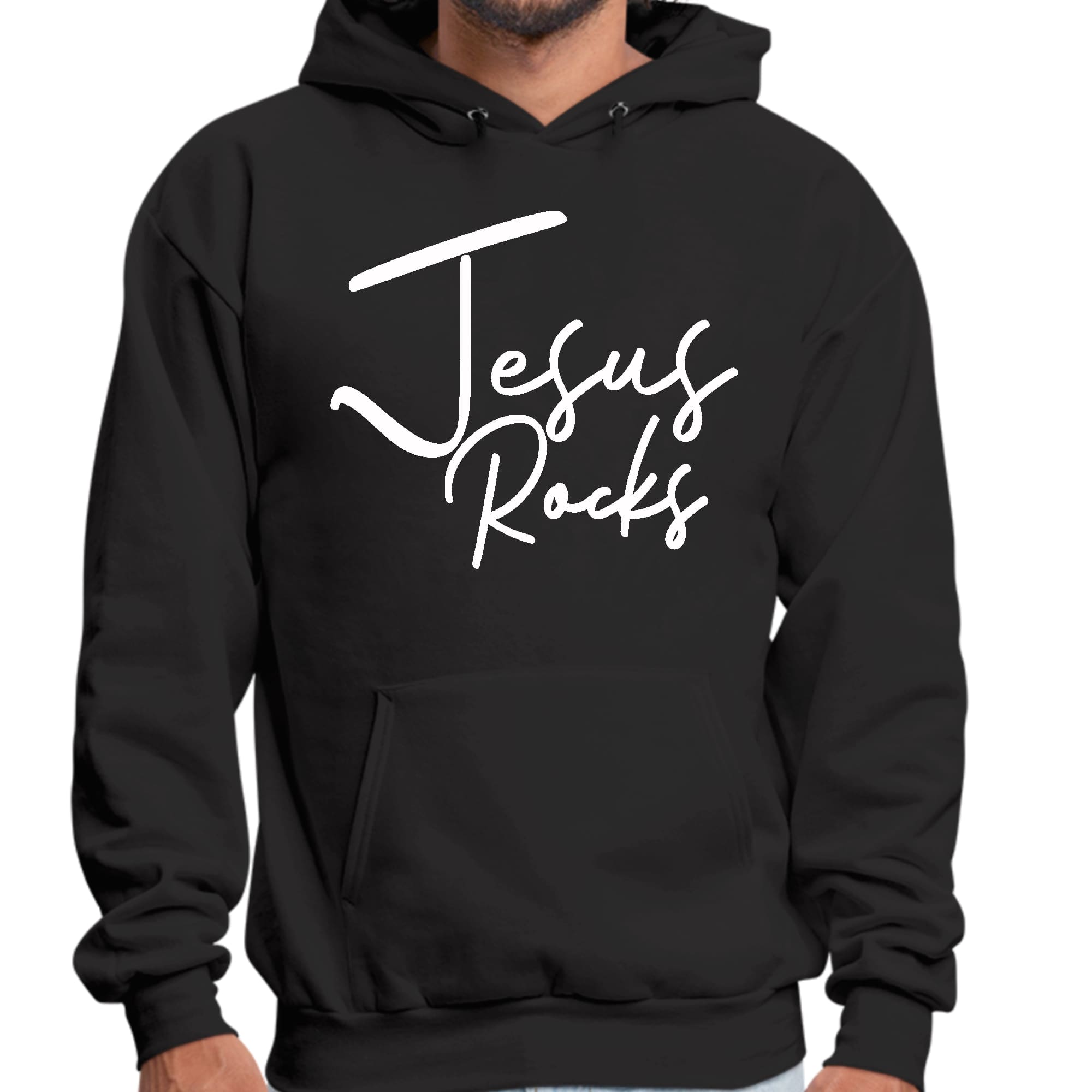 Men's Graphic Hoodie featuring 'Jesus Rocks' print, showcasing a comfortable and stylish design suitable for casual wear.