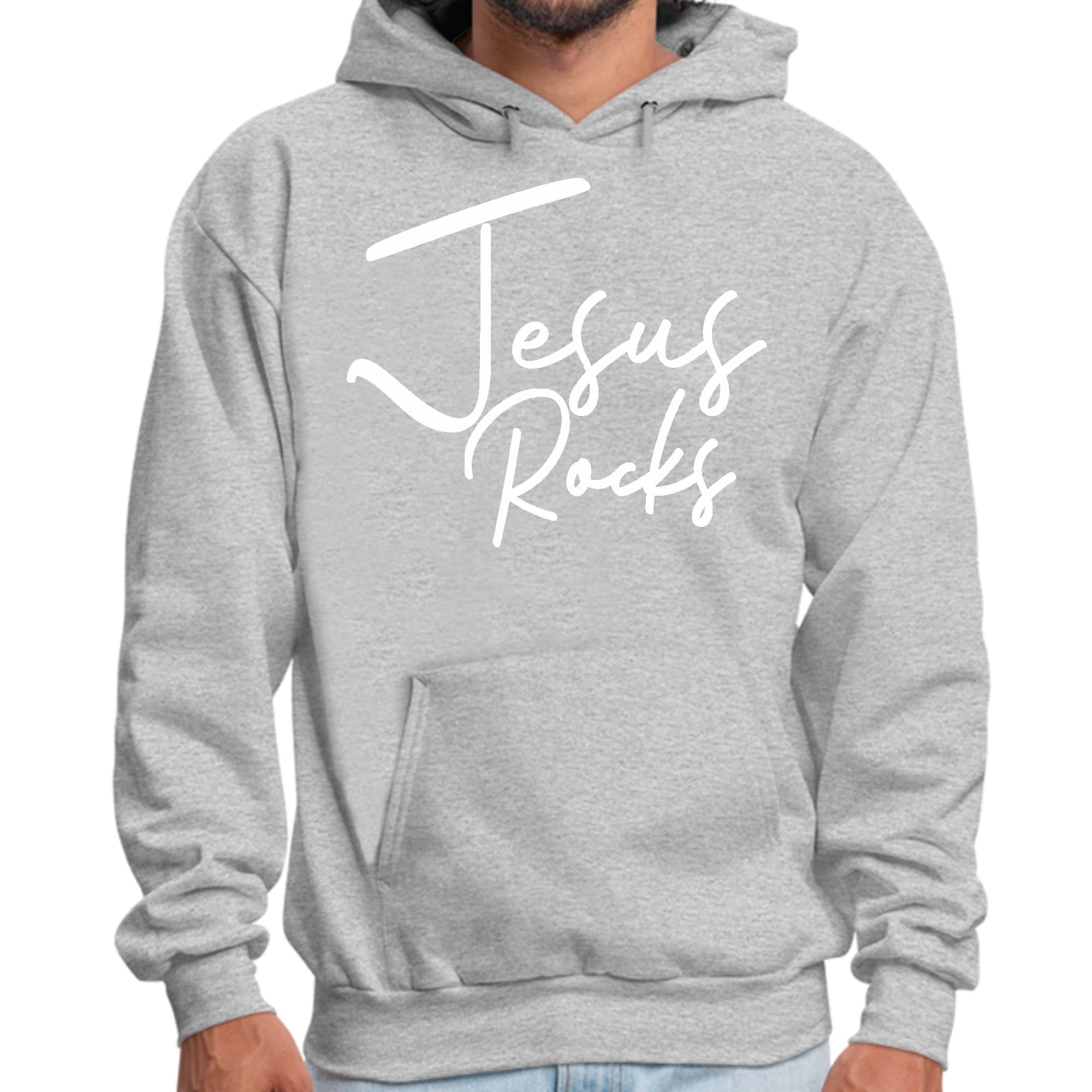 Men's Graphic Hoodie featuring 'Jesus Rocks' print, showcasing a comfortable and stylish design suitable for casual wear.