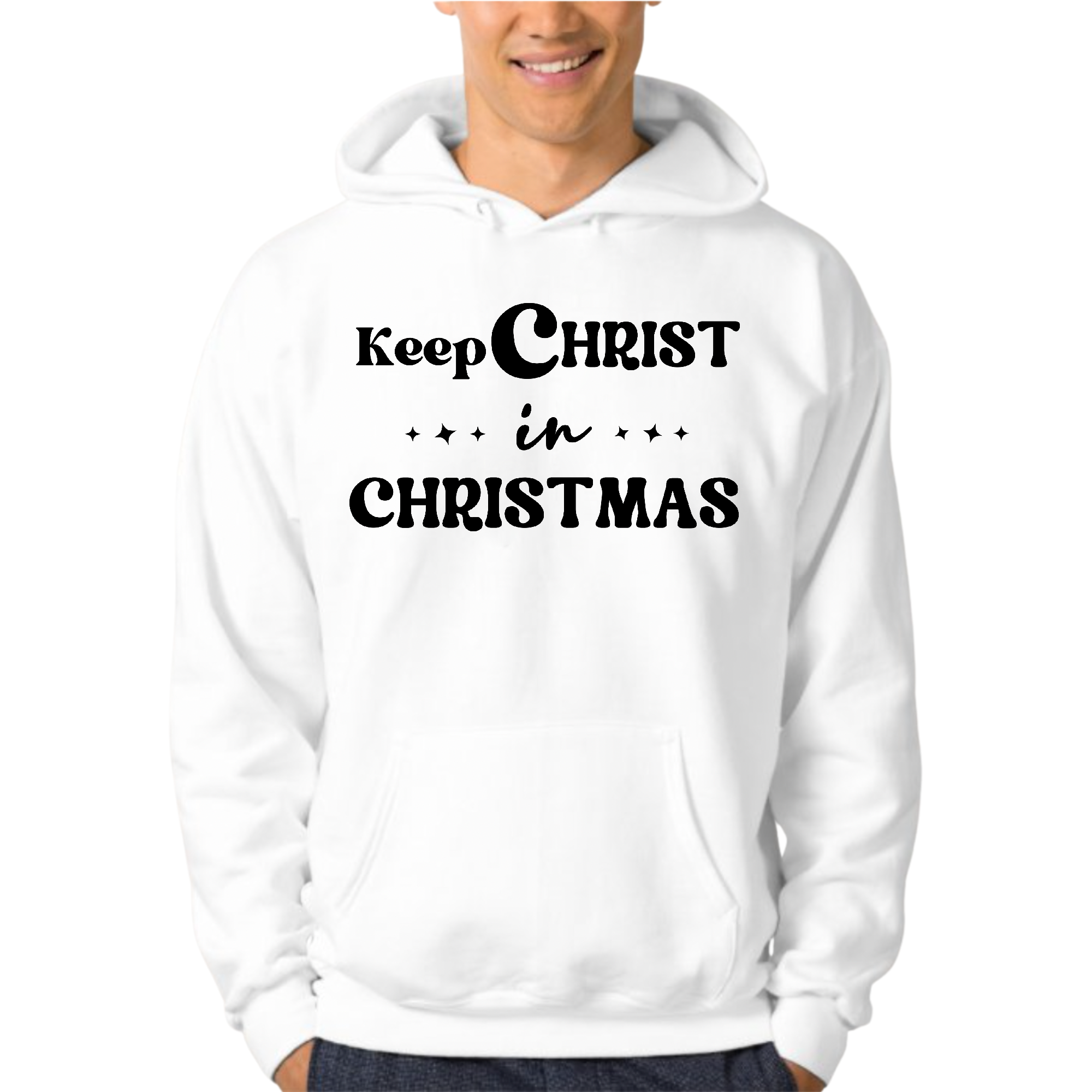 Men's Graphic Hoodie featuring 'Keep Christ in Christmas' design, showcasing a cozy and stylish look for the holiday season.