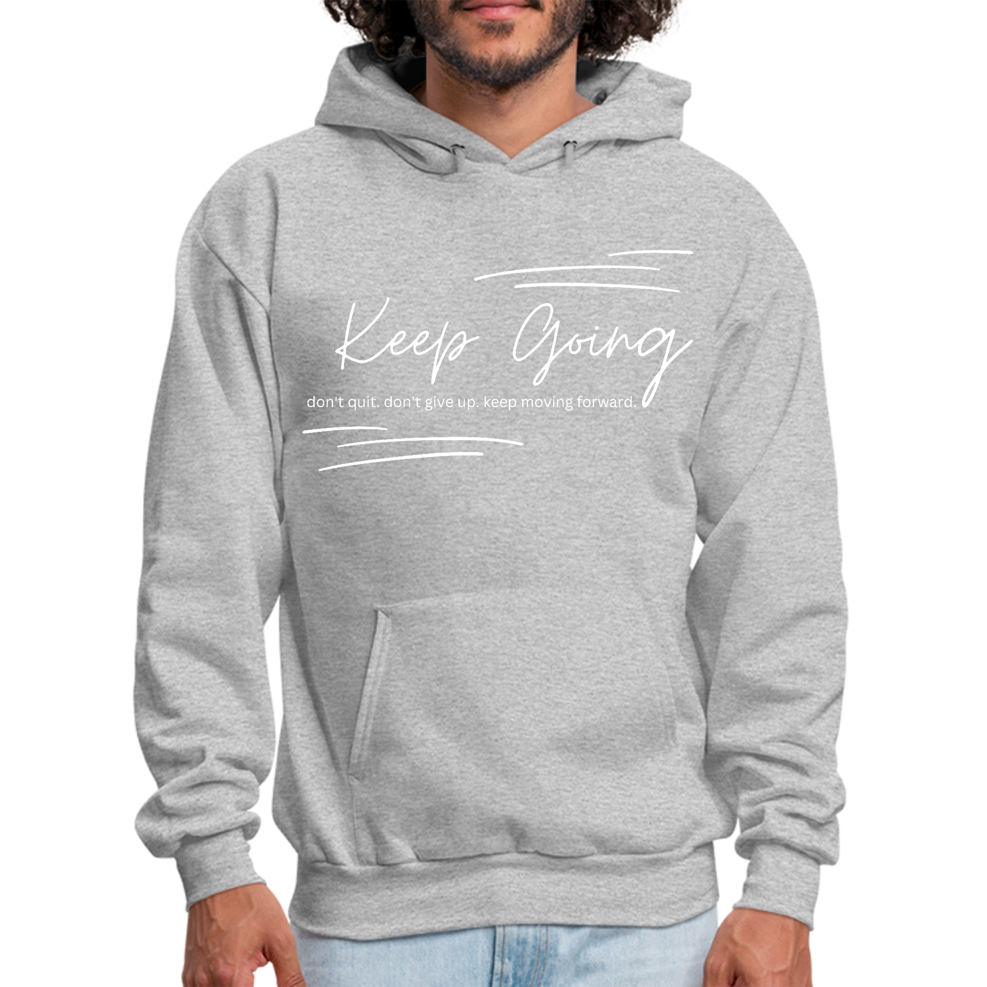 Men's Graphic Hoodie featuring 'Keep Going Don't Give Up' inspirational design, showcasing a comfortable fit and soft fabric.