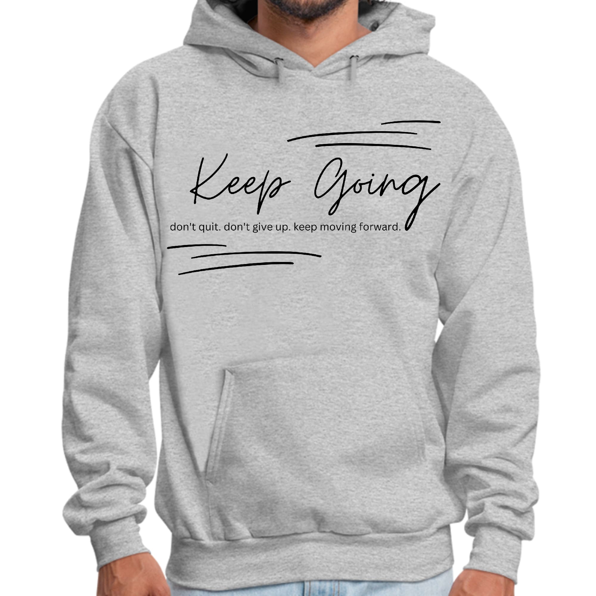 Men's black graphic hoodie featuring 'Keep Going Don't Give Up' motivational design, showcasing a comfortable fit and drawstring neckline.