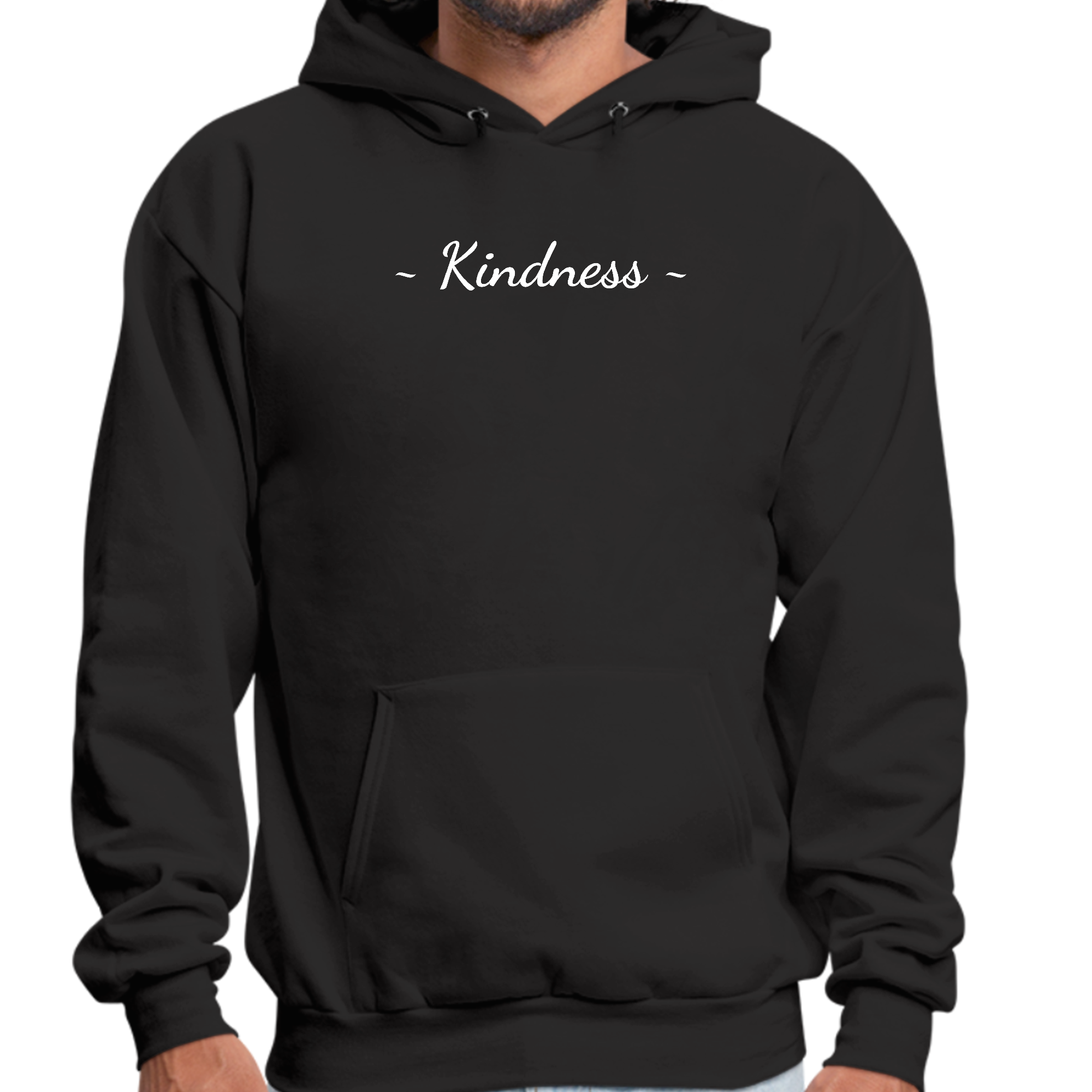 Mens Graphic Hoodie featuring a Kindness White Print, showcasing a trendy design with a drawstring neckline and long sleeves.