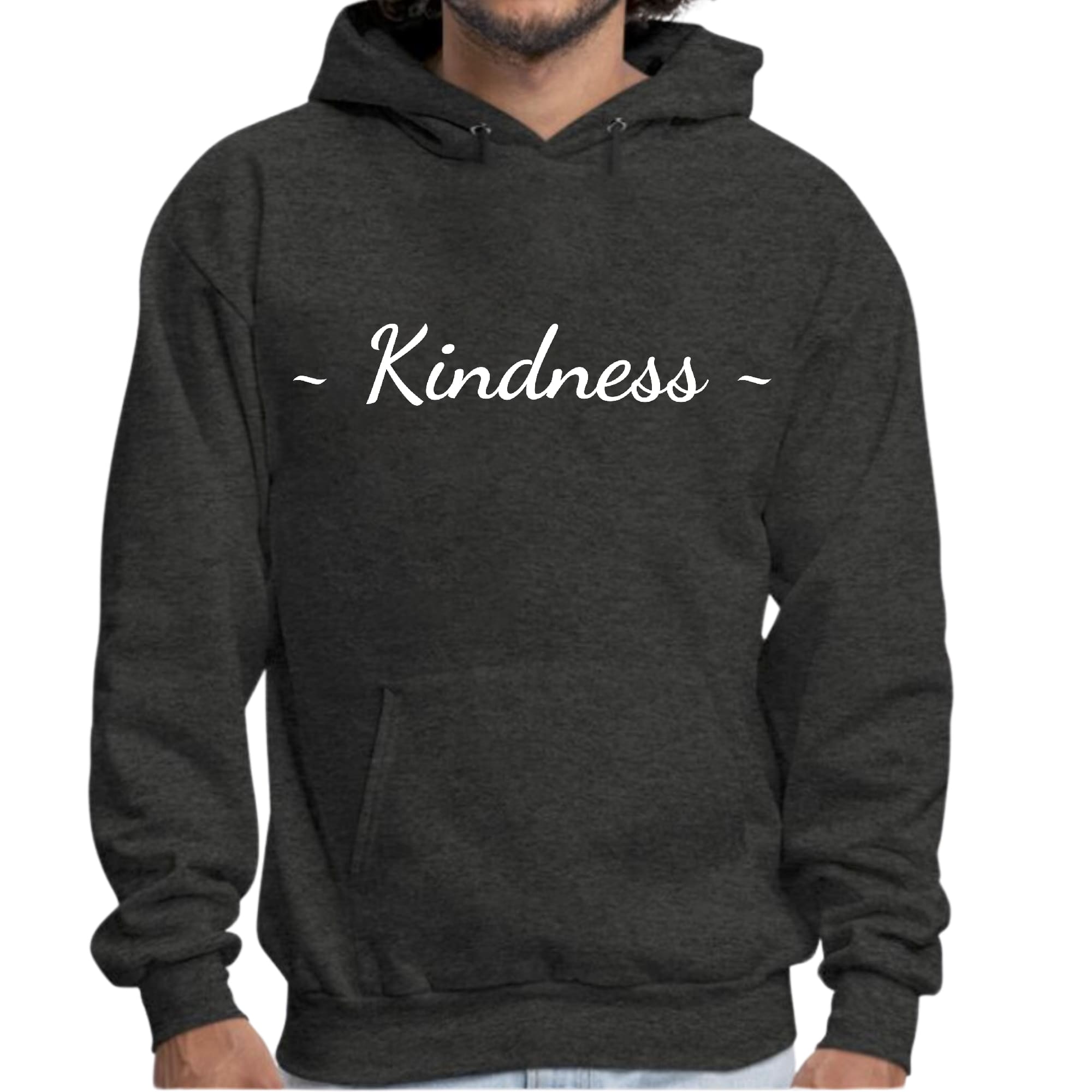 Mens Graphic Hoodie featuring a Kindness White Print, showcasing a trendy design with a drawstring neckline and long sleeves.