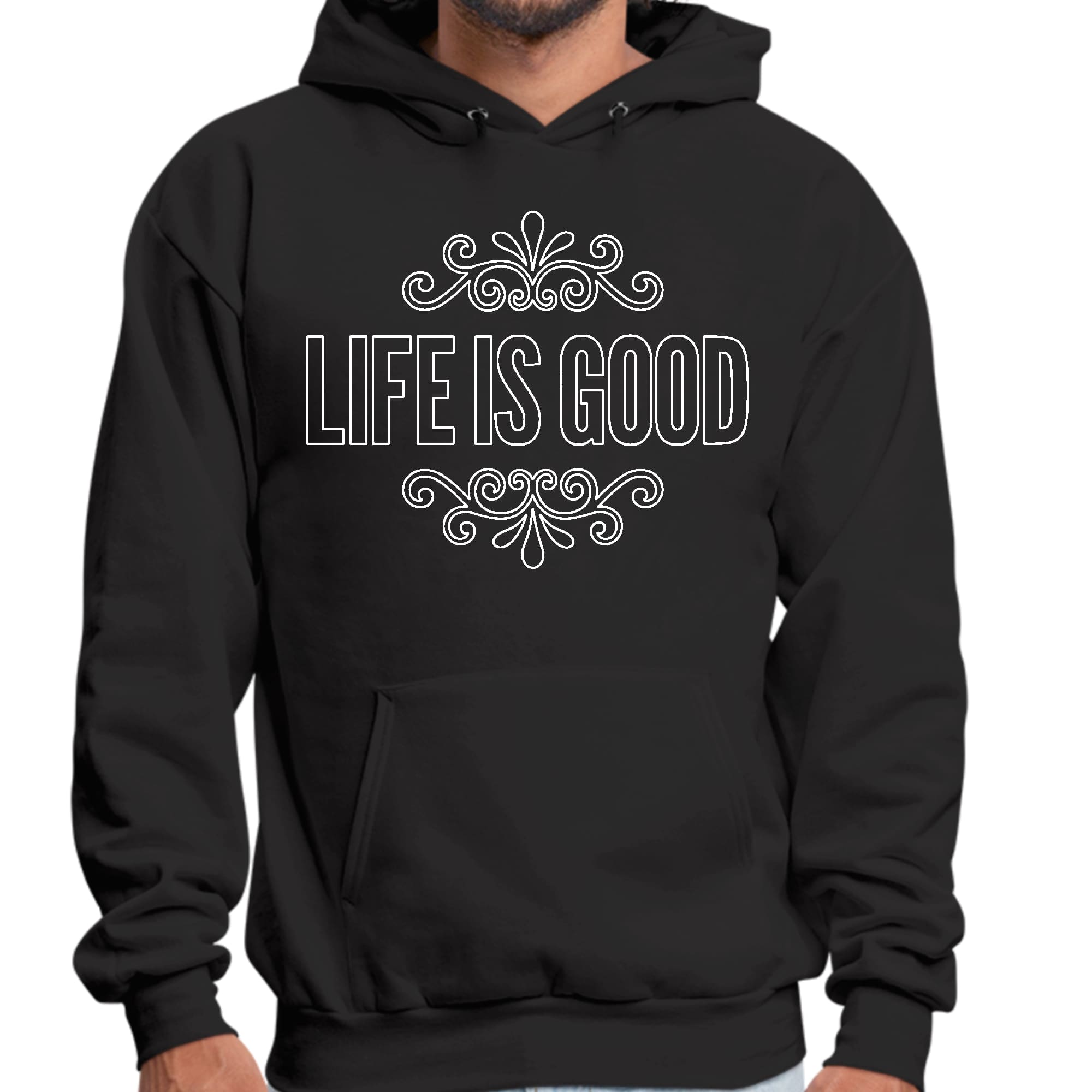 Mens Graphic Hoodie with 'Life is Good' white outline illustration, showcasing a comfortable and stylish design.