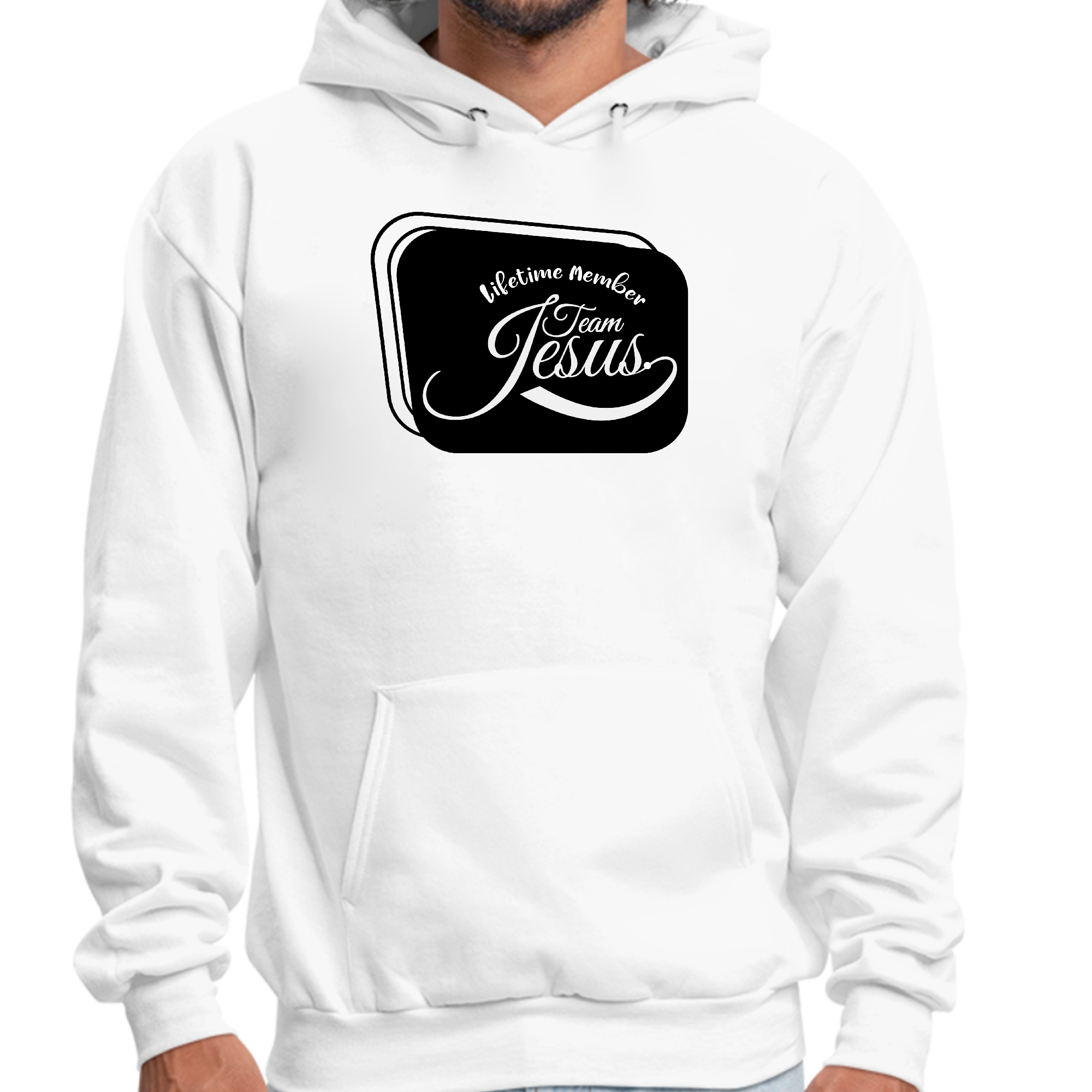 Men's black graphic hoodie featuring Lifetime Member Team Jesus design, showcasing a comfortable and stylish fit.